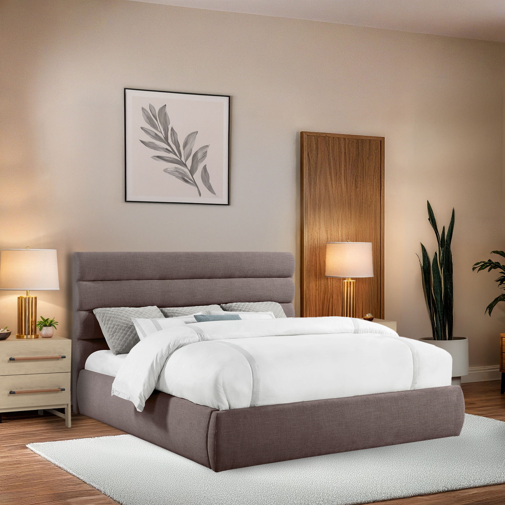 Adam - Linen Fabric King Bed With 52" Headboard - Brown