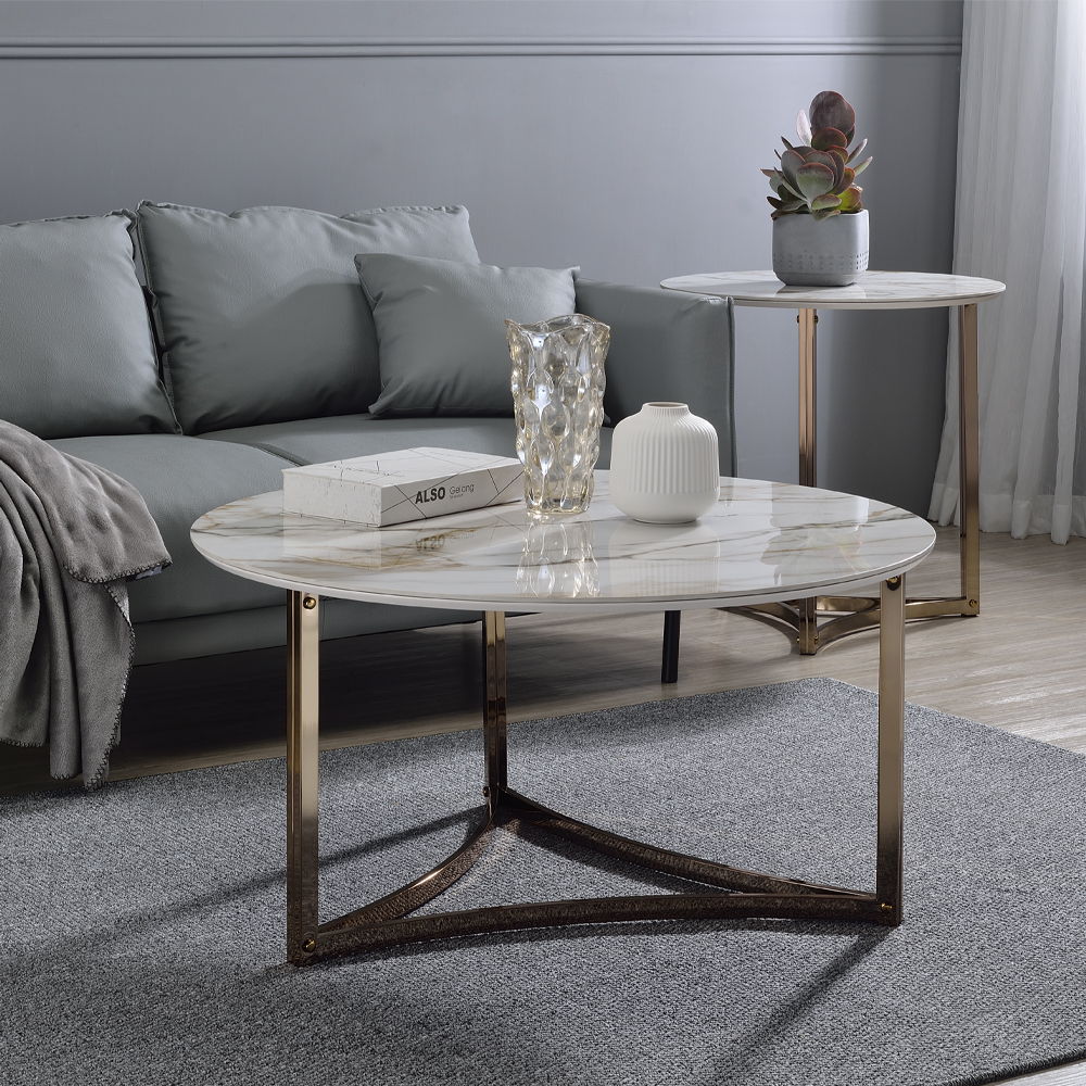 Zaidee - Round Coffee Table - Sintered Stone & Champagne, gold