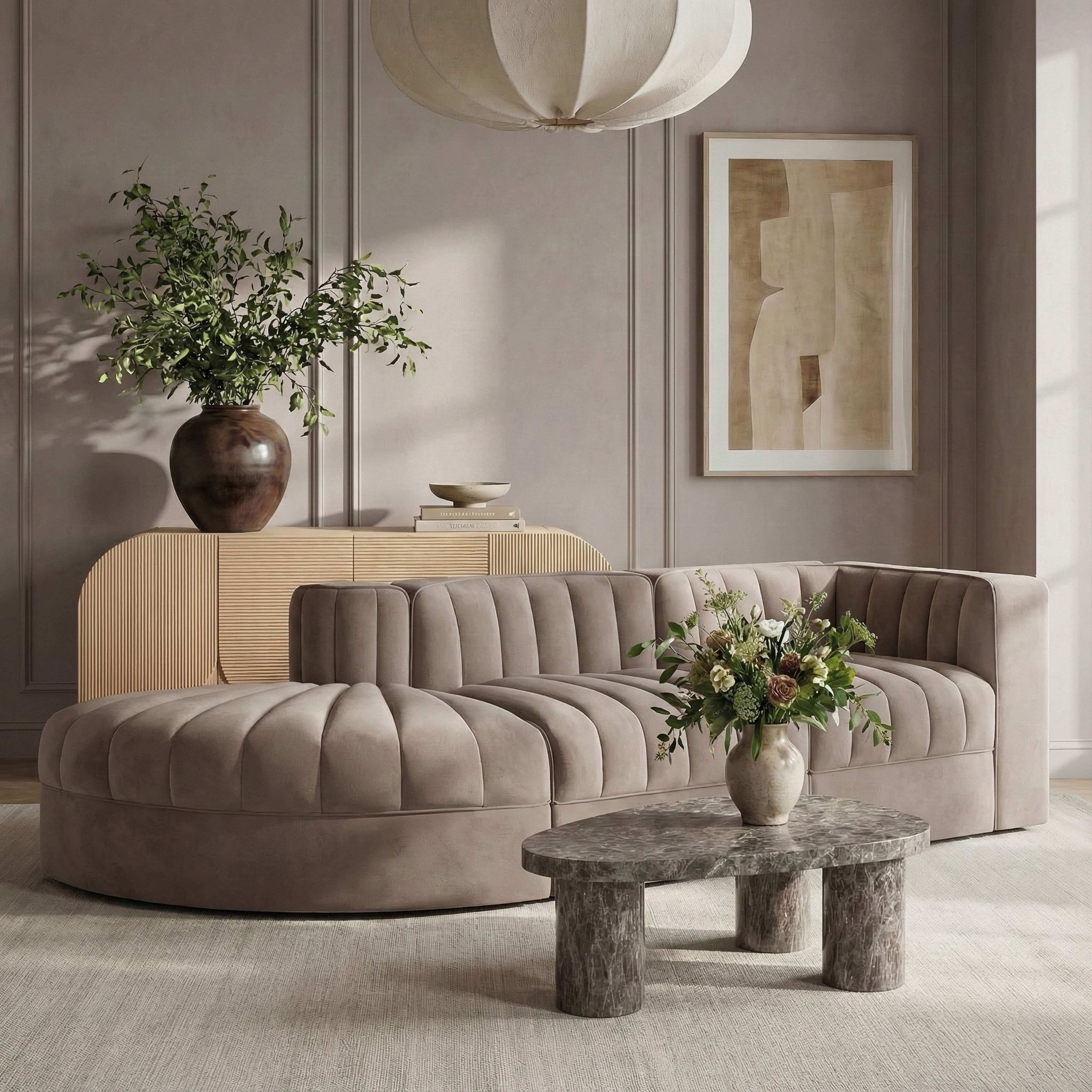 Rummi - Velvet Performance Fabric Upholstered 3 Piece Modular Sectional - Taupe