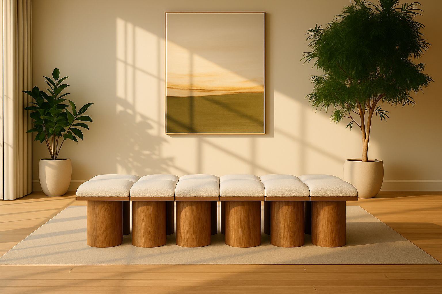 Pavilion - 93" 12 Piece Modular Bench With Brown Base - Cream