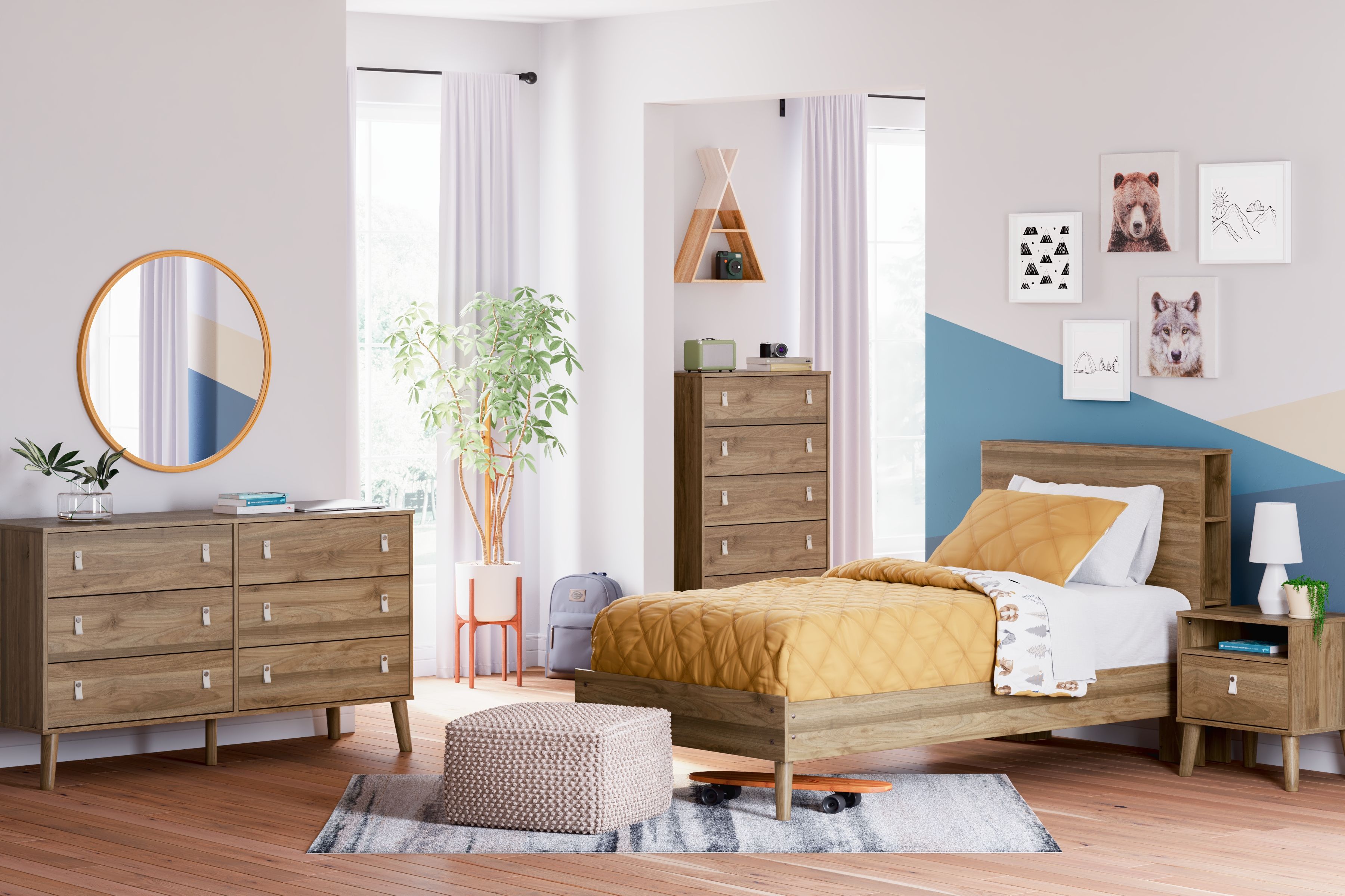 Ashley Aprilyn - Light Brown - 5 Pc. - Dresser, Twin Bookcase Bed, 2 Nightstands