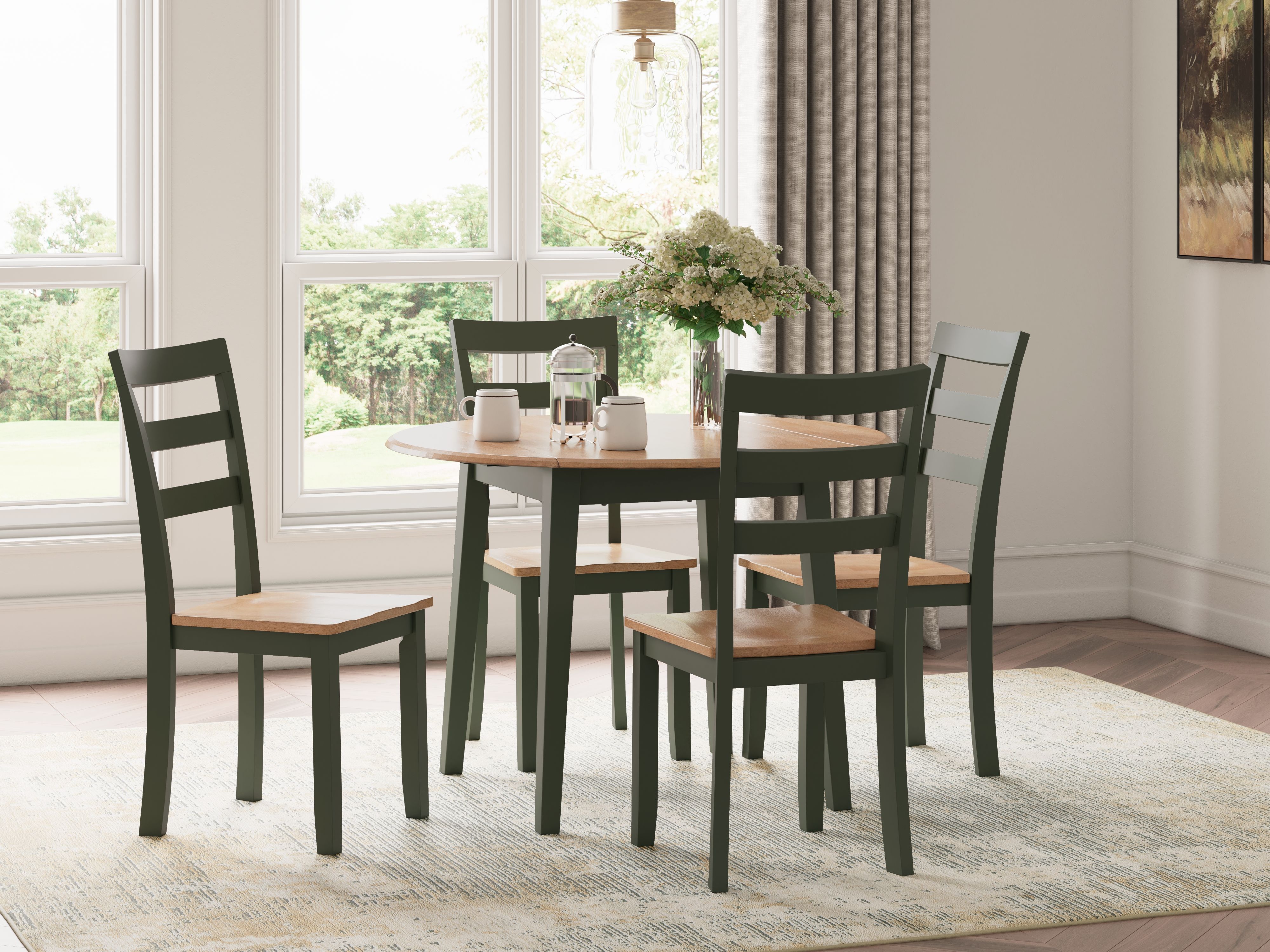 5 Pc · Round Dining Room Drop Leaf Table, 4 Side Chairs