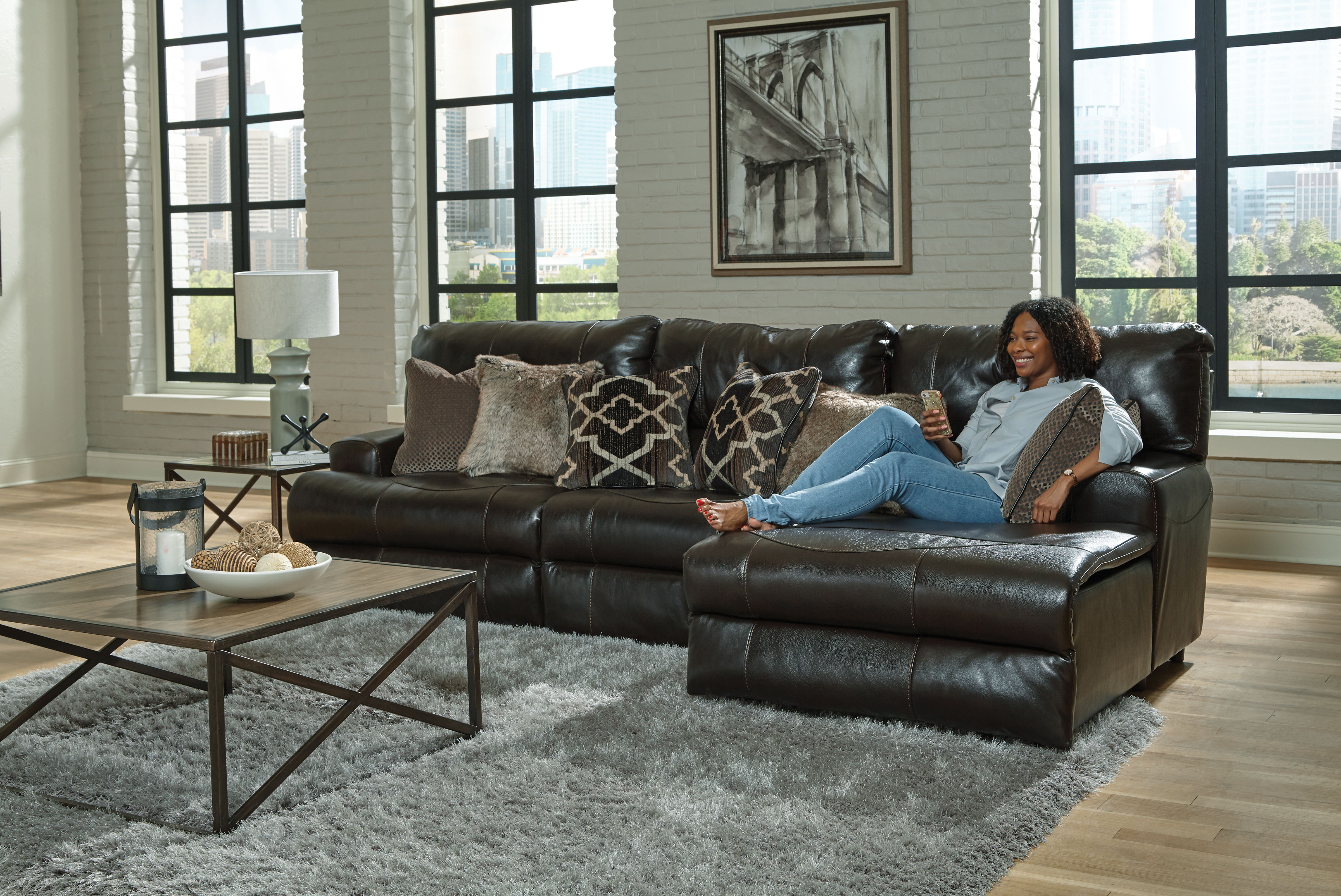Como - 3 Piece Italian Leather Match Power Reclining Sofa / Chaise With 1 Lay Flat Reclining Seat And RSF Chaise - Chocolate