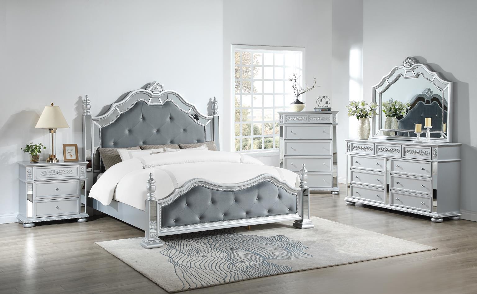 B092 - 3 Piece Bedroom Set (Queen Bed, Dresser, Mirror) - Pearl Silver