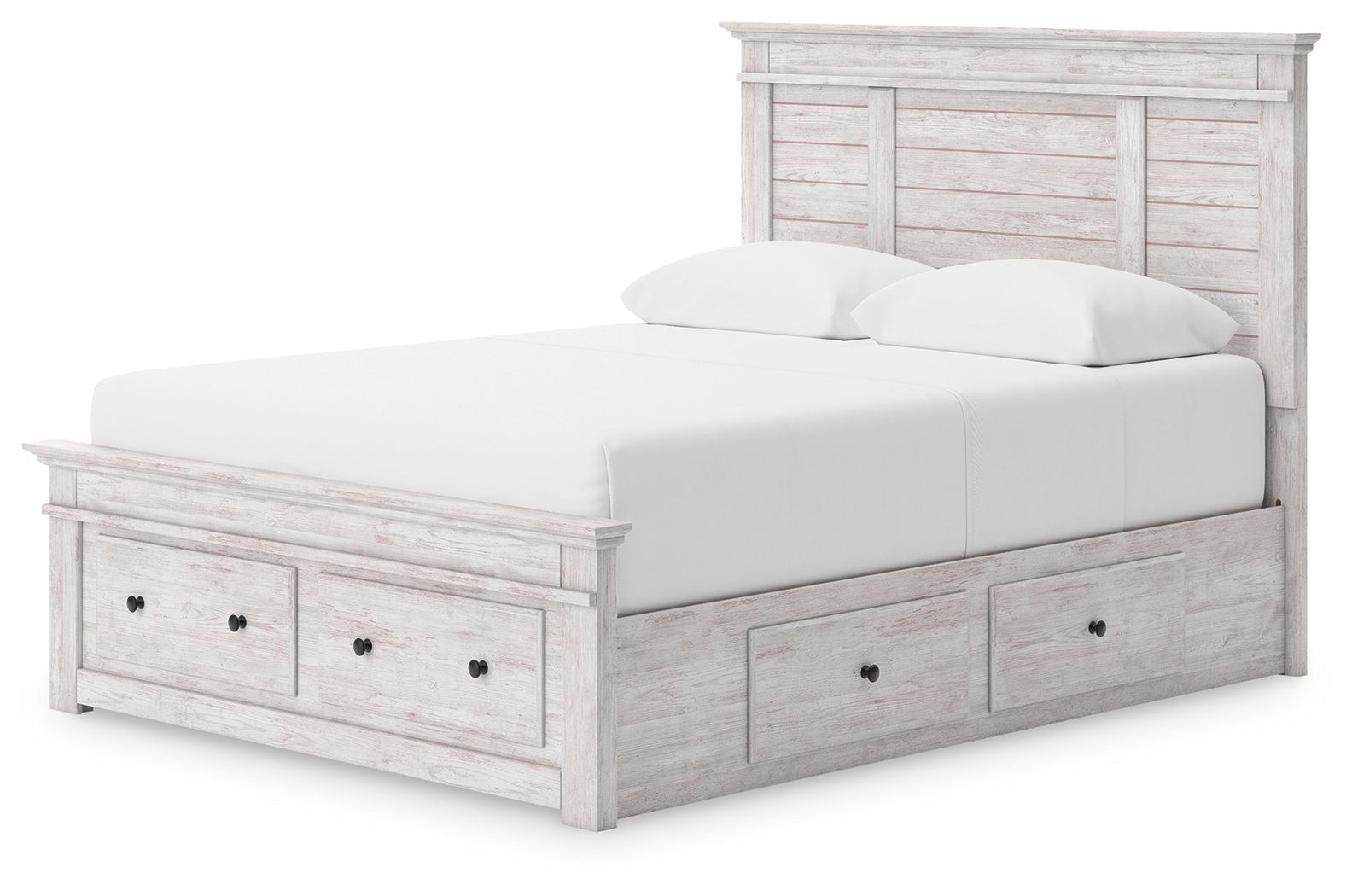 Makidern - Queen Panel Storage Bed With 2 Under Bed Storage Units And Storage Footboard - Whitewash