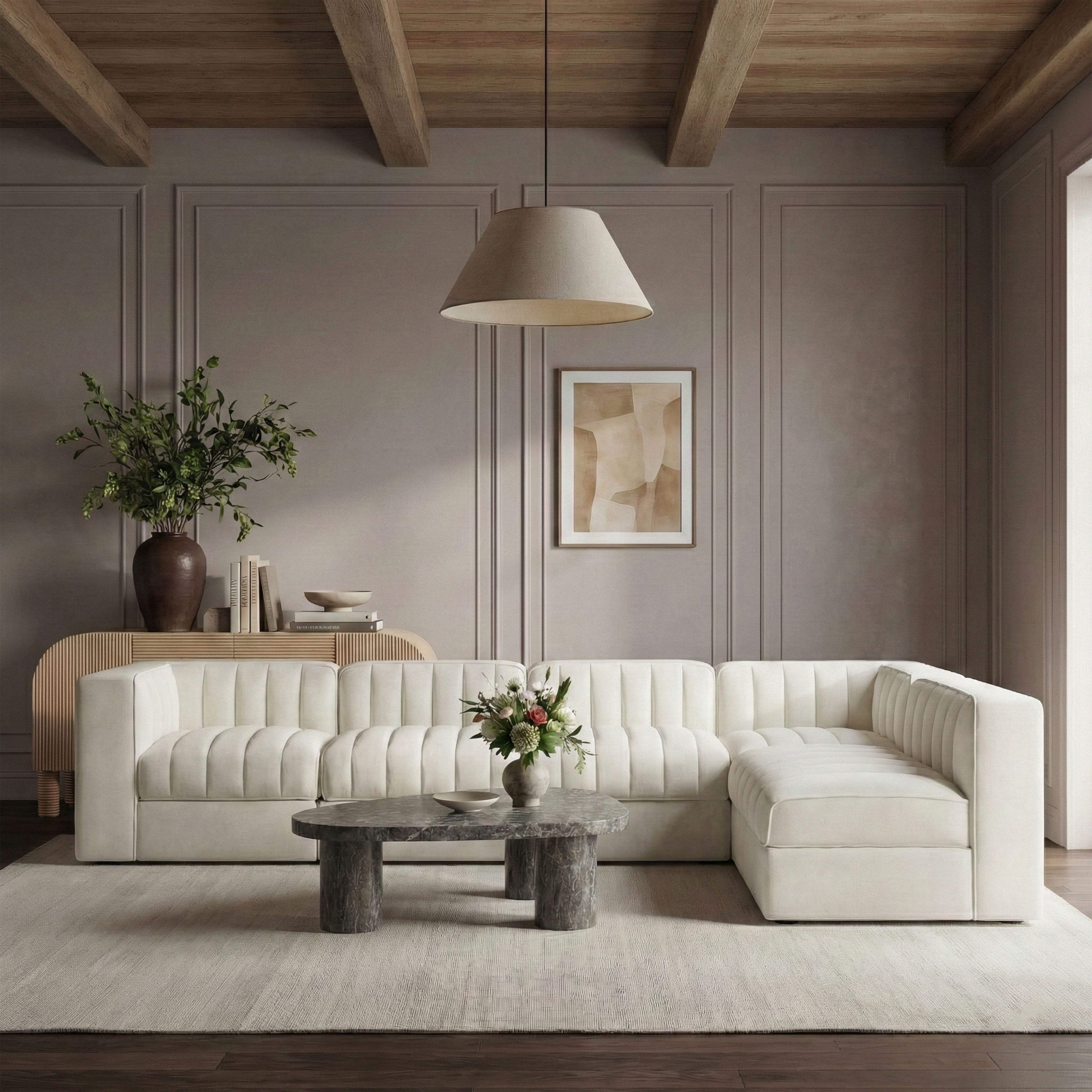Rummi - Velvet Performance Fabric Upholstered 6 Piece Modular Sectional (With 3 Corner Chairs) - Cream