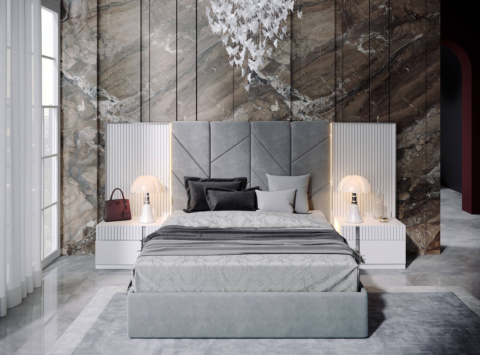 Helen - Queen Size Bed - White / Gray