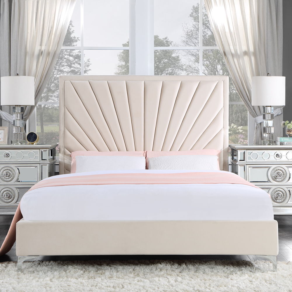 Faiz - Queen Bed - Beige Velvet, beige