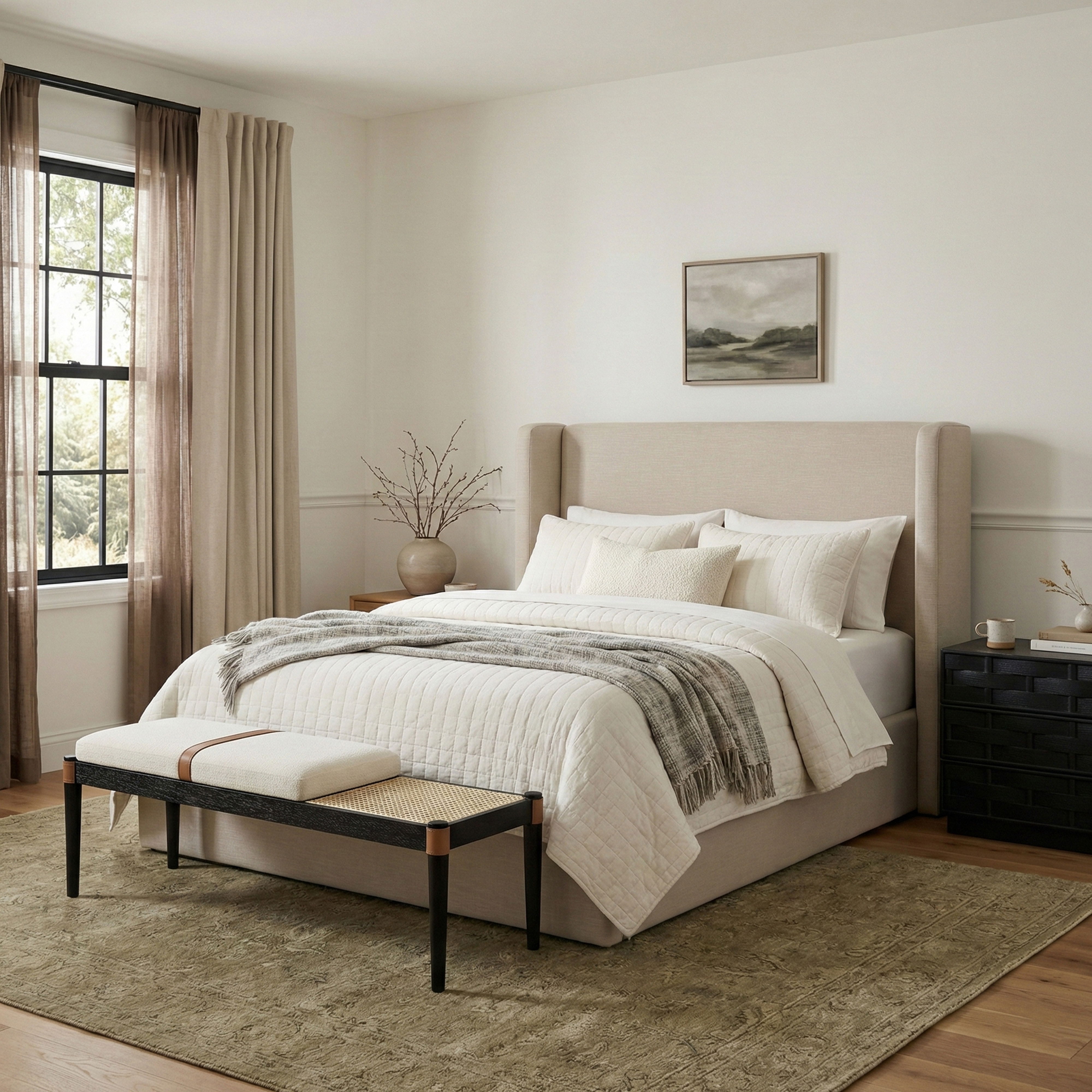 Nara - Linen Textured Fabric Upholstered Bench - Cream / Painted Black