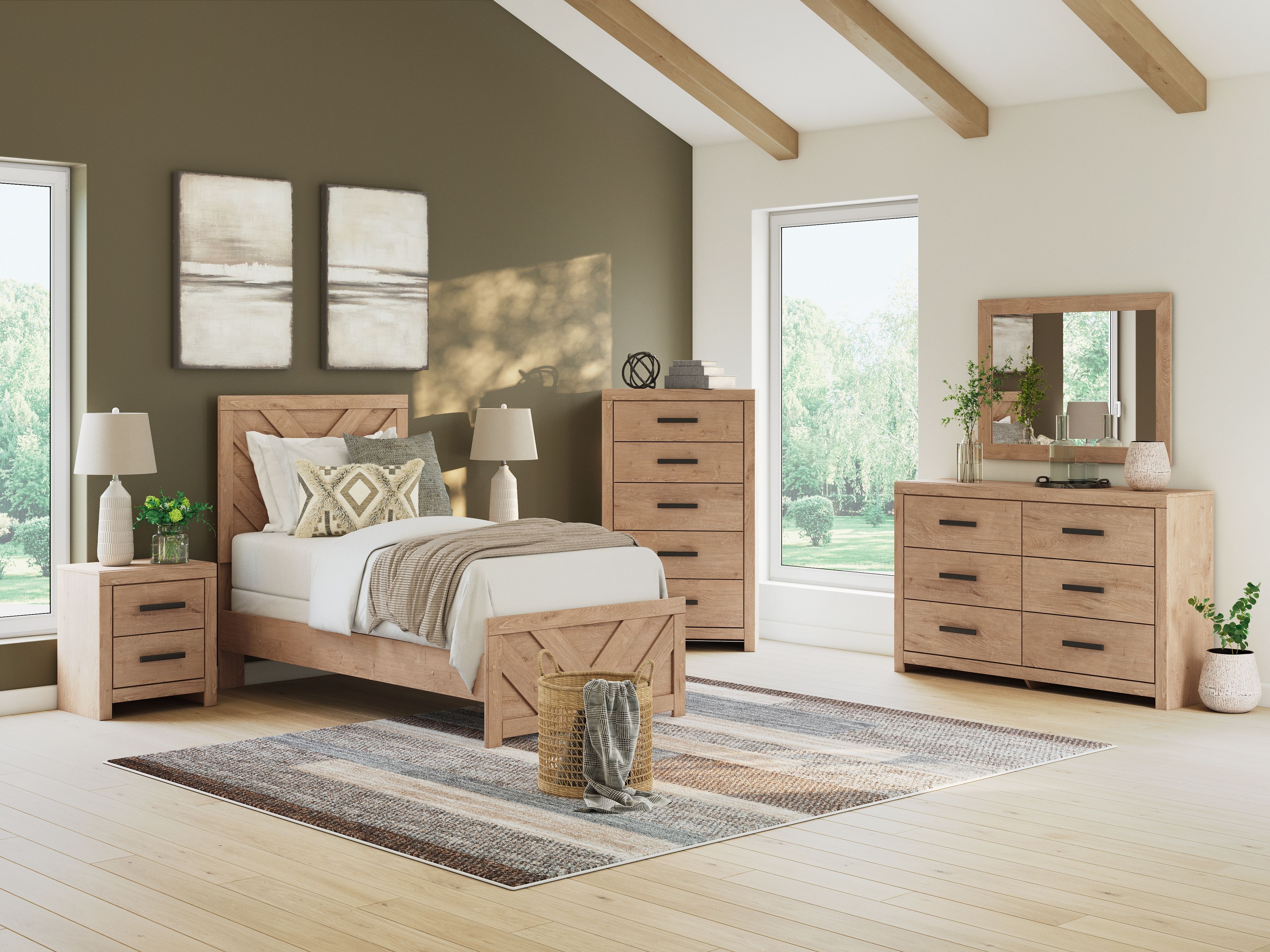 Ashley Sanginlane - Tan - 7 Pc. - Dresser, Mirror, Chest, Twin Panel Bed, 2 Nightstands