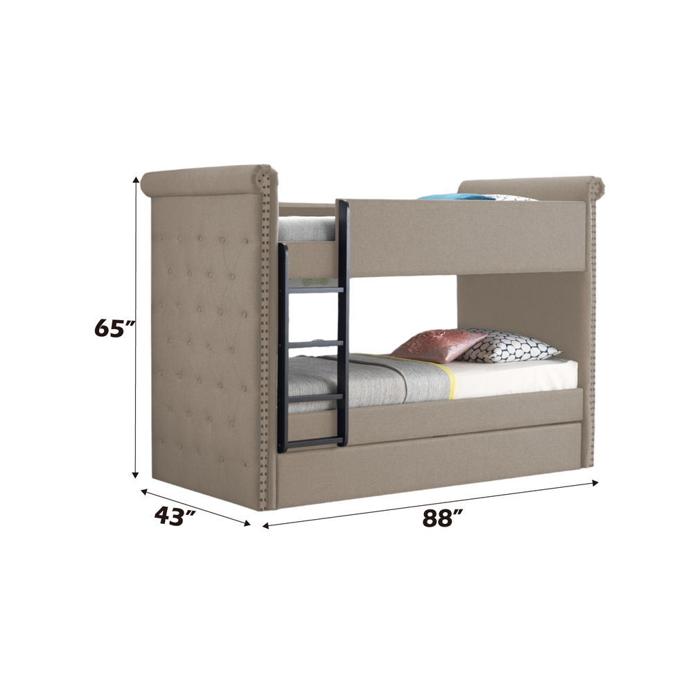 Romana II - Twin Over Twin Bunk Bed With Trundle - Beige Fabric, beige, view 5