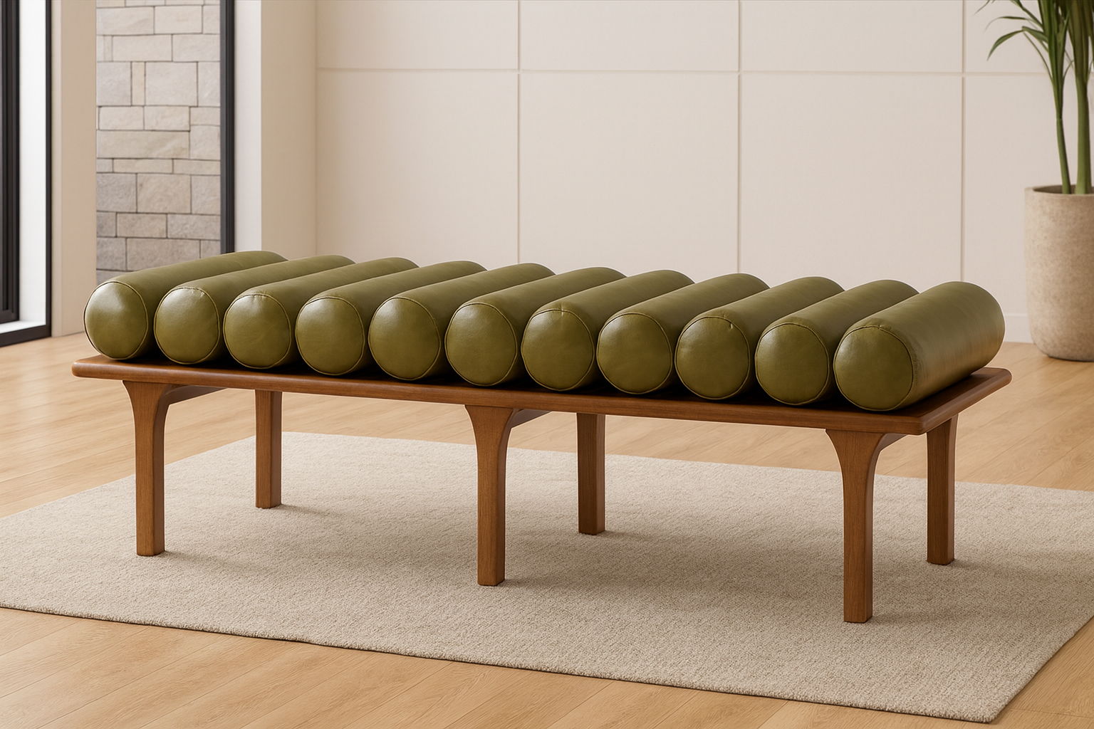 Landon - Bench With Brown Base - Olive Green
