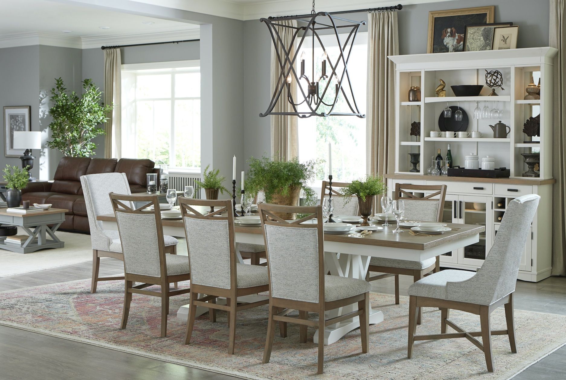 Parker House Americana Modern Dining Extendable Trestle Table with 8 Upholstered Chairs