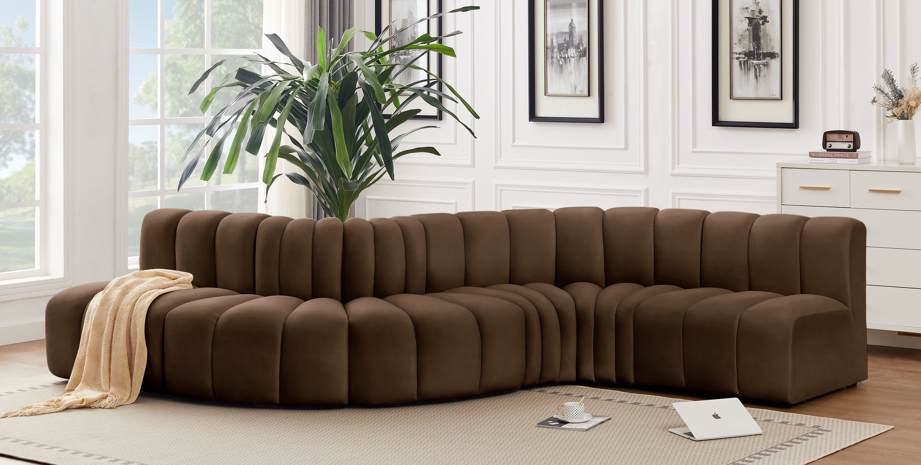 Arc - Velvet 6 Piece Curved Modular Sofa - Brown