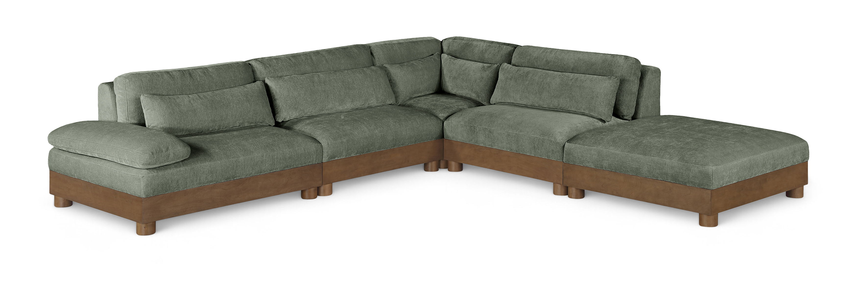 Turin - 120" Chenille Fabric Upholstered 5 Piece Modular Sectional - Green / Brown Walnut