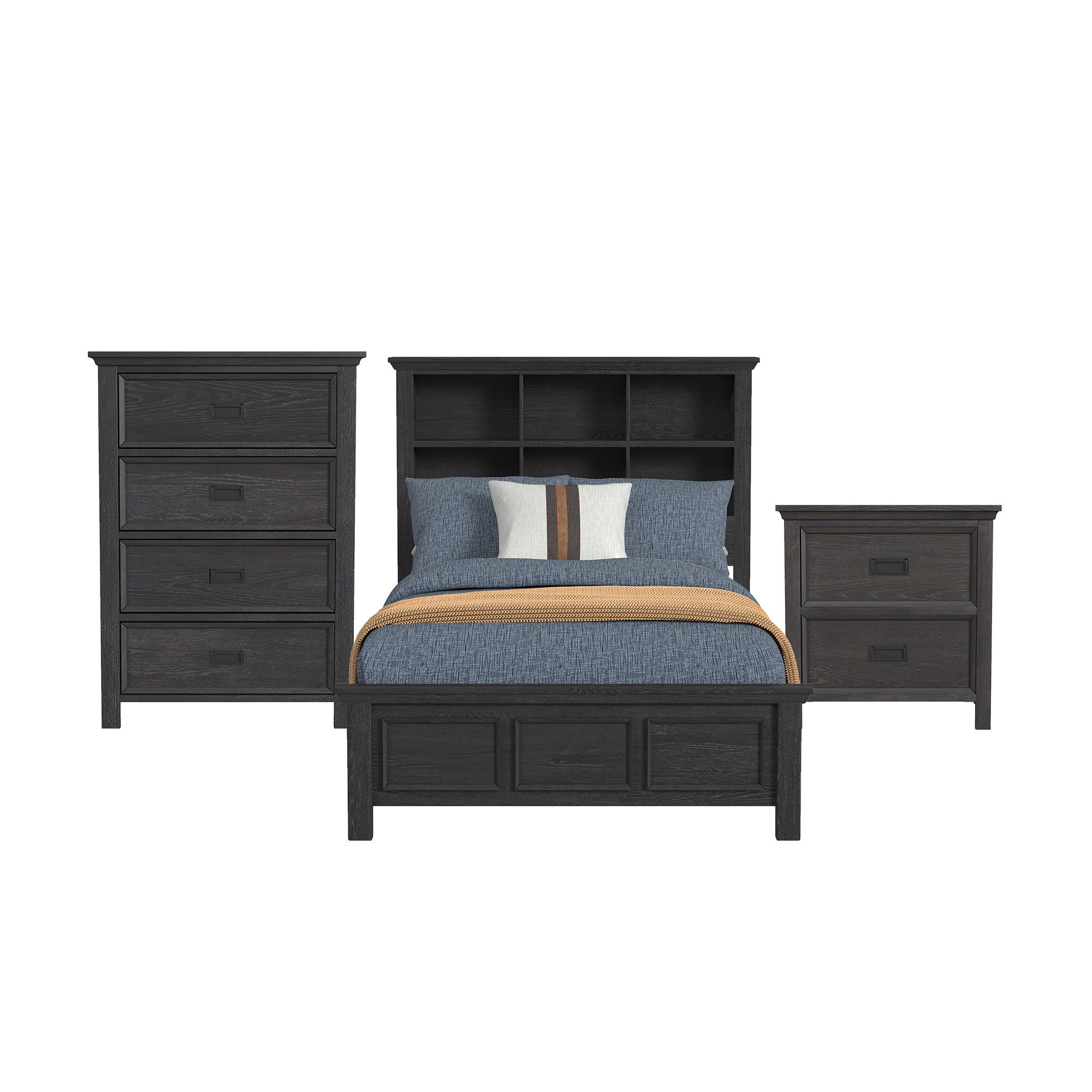 Hampton Kids - Full Bookcase 3 Piece Bedroom Set - Charcoal