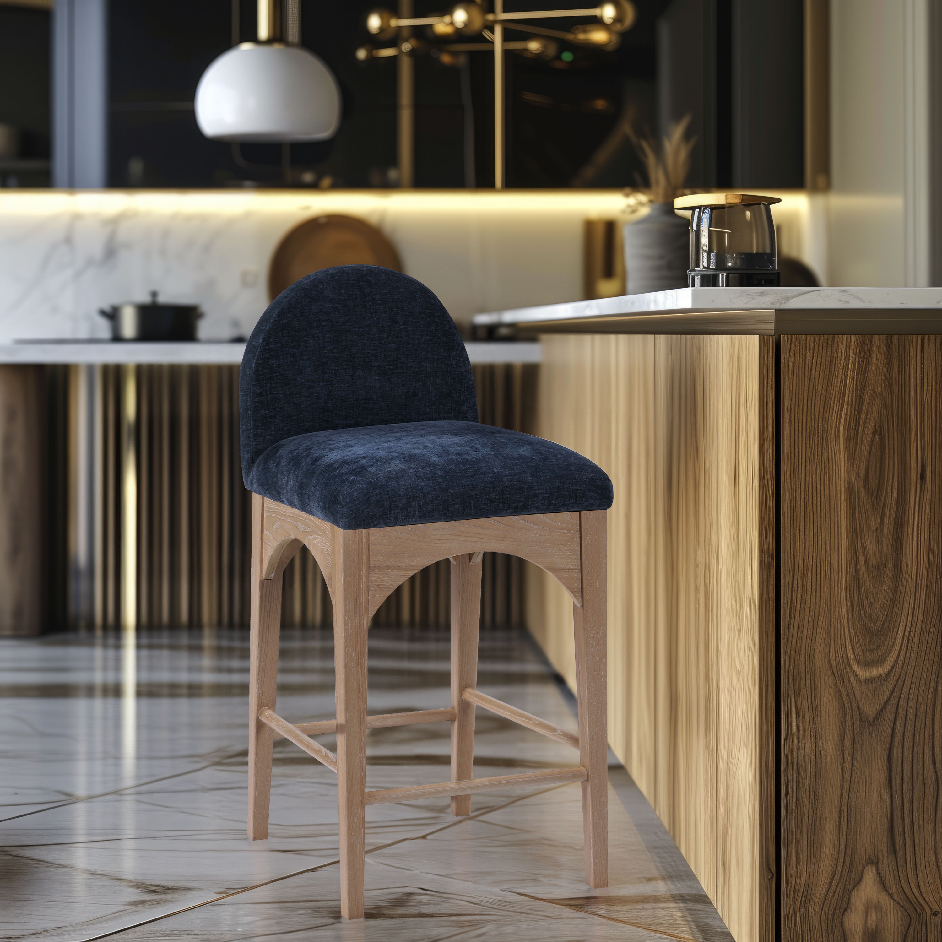 Waldorf - Chenille Stool With Natural Legs - Navy