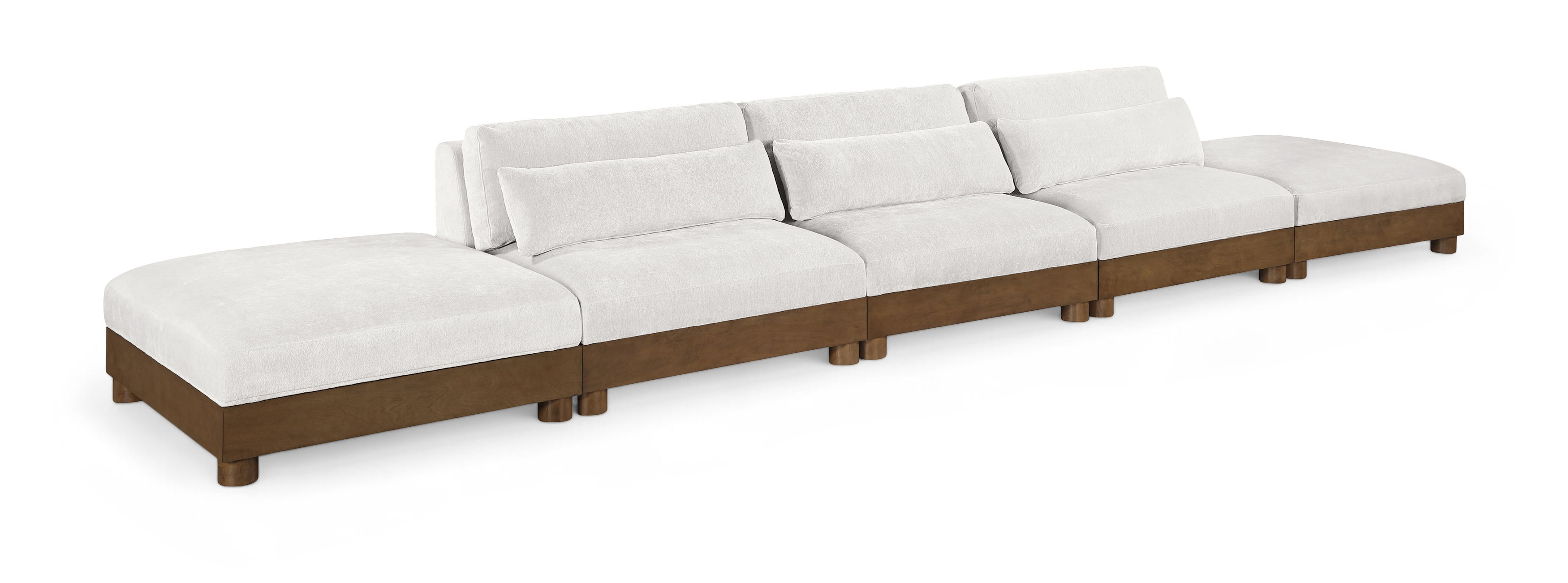 Turin - 200" Chenille Fabric Upholstered 5 Piece Modular Sofa - Cream / Brown Walnut
