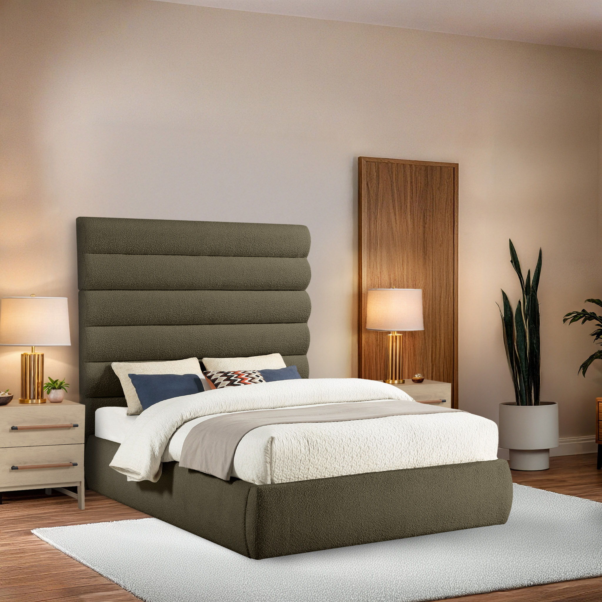 Adam - Boucle Fabric Queen Bed With 70.5" Headboard - Olive