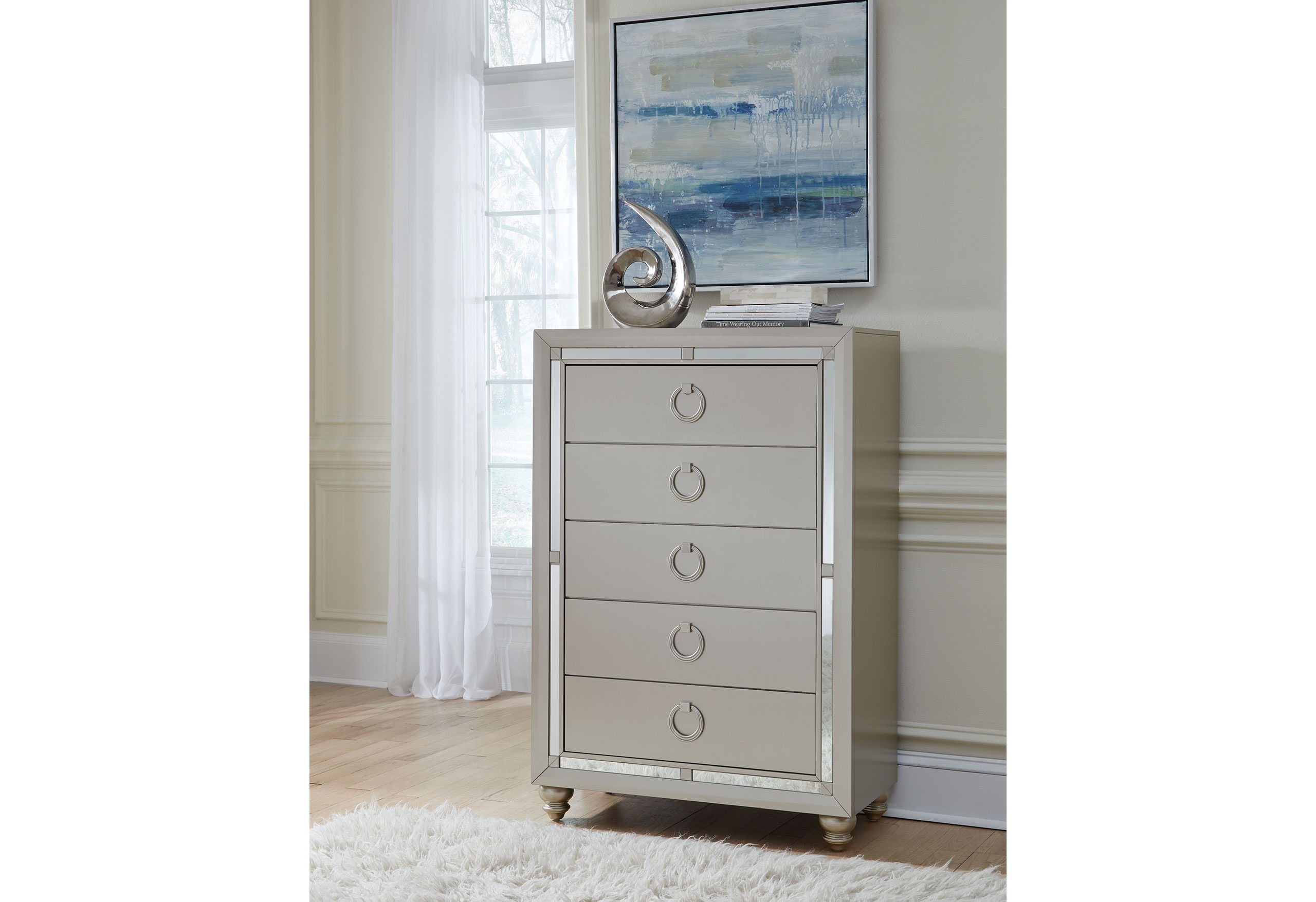 Riley - 6 Piece King Bedroom Set (Bed, Dresser, Mirror, 2 Nightstands, Chest) - Silver
