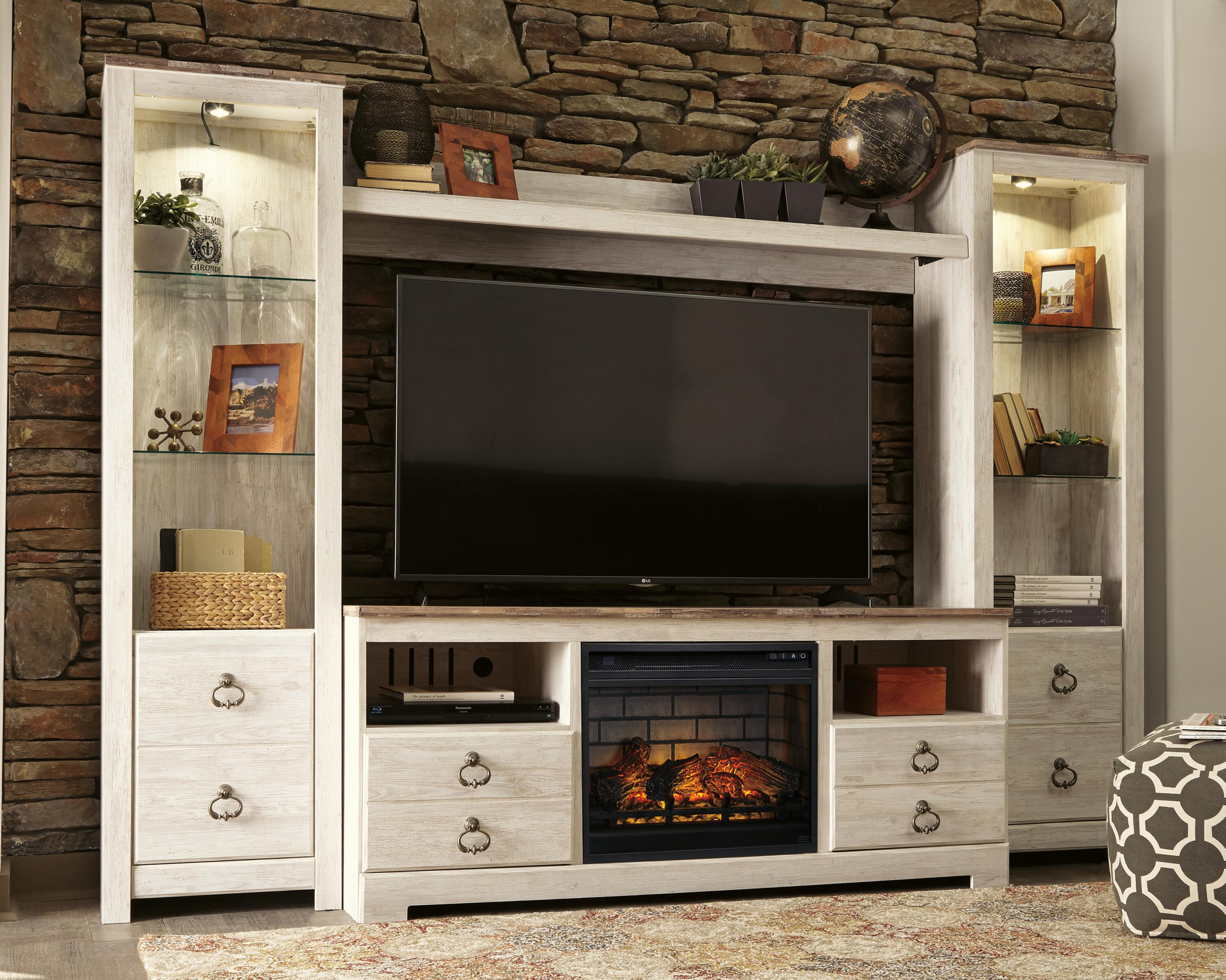 Ashley Furniture Willowton - Entertainment Center - TV Stand With Faux Firebrick Fireplace Insert - Whitewash - Image 2