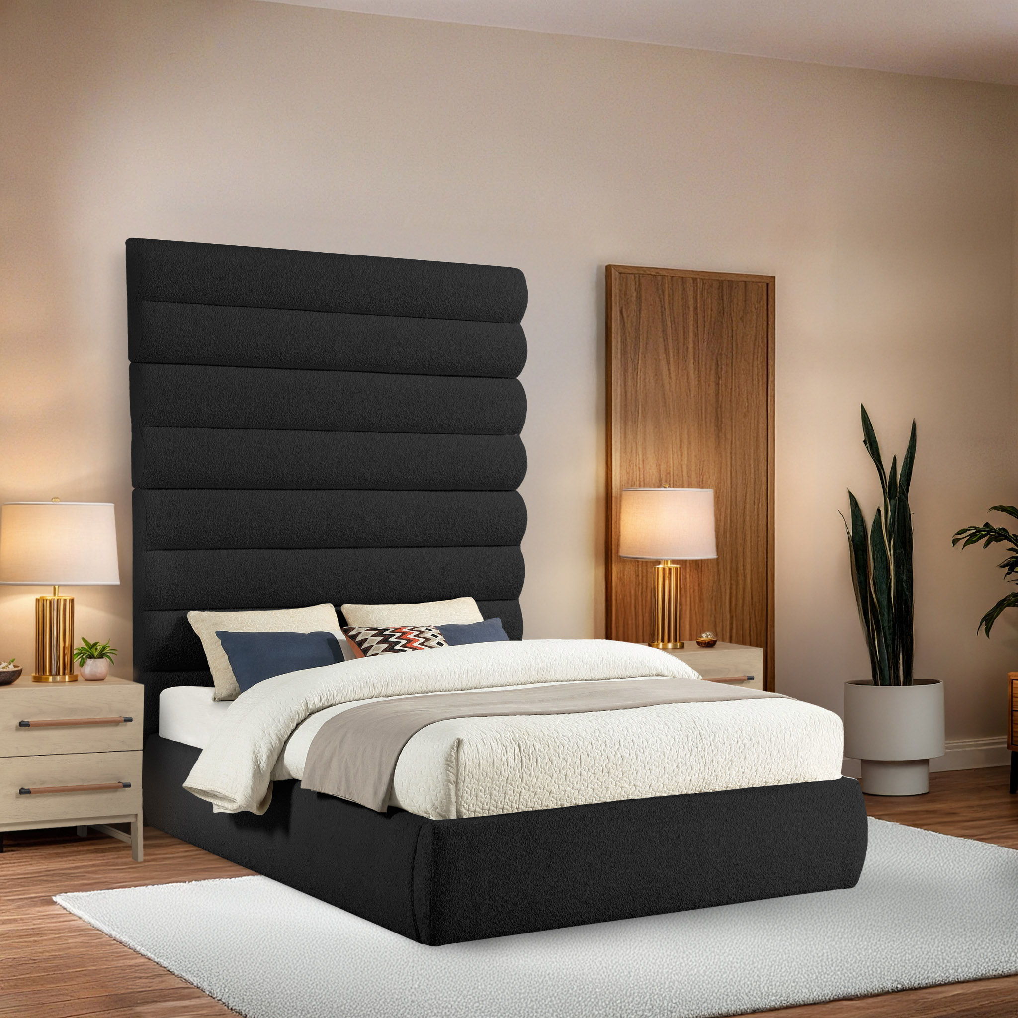 Adam - Boucle Fabric Queen Bed With 89" Headboard - Black