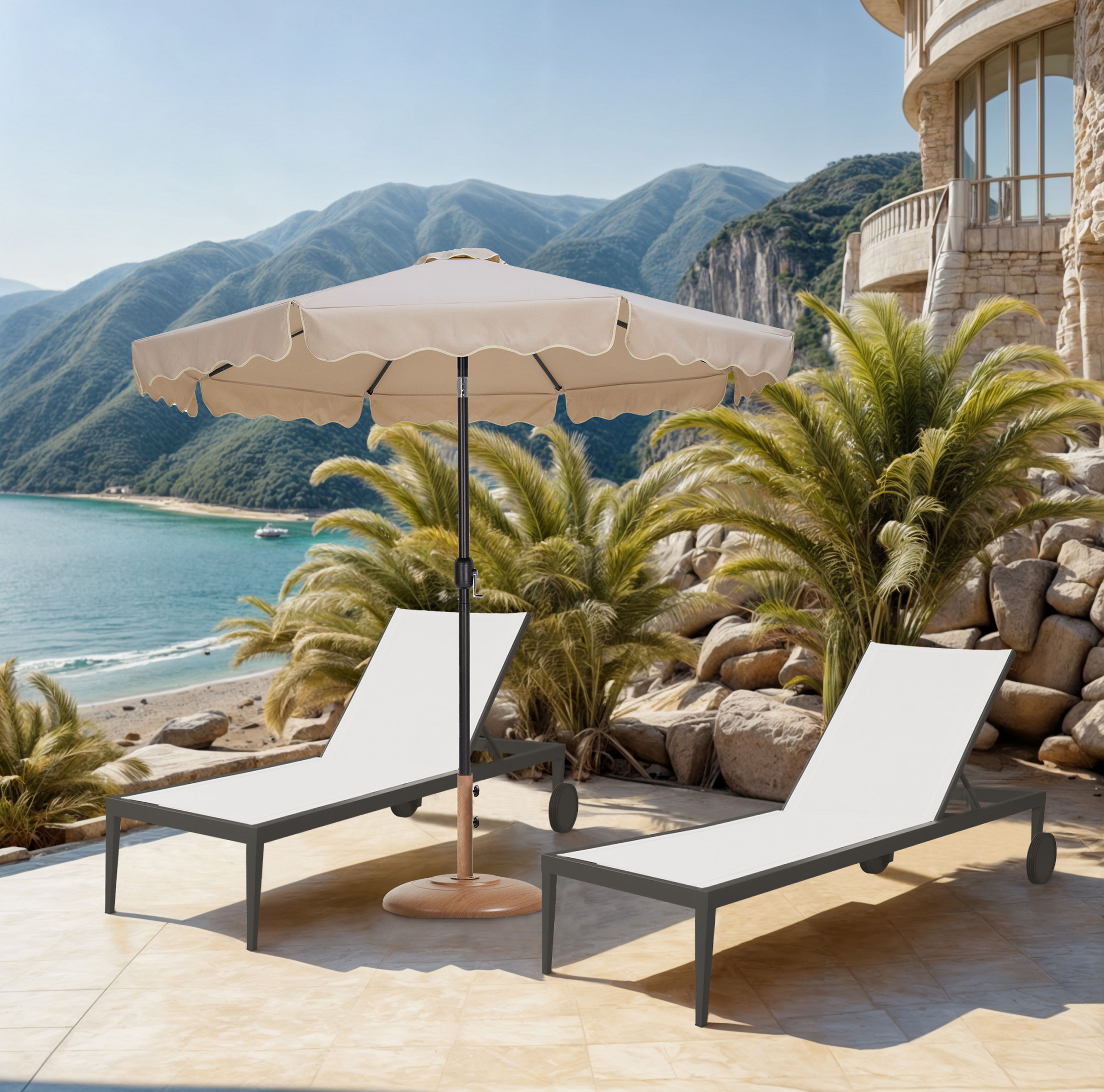 Amalfi - Cream Piping Aluminum Patio Umbrella with Base - Beige / Teak