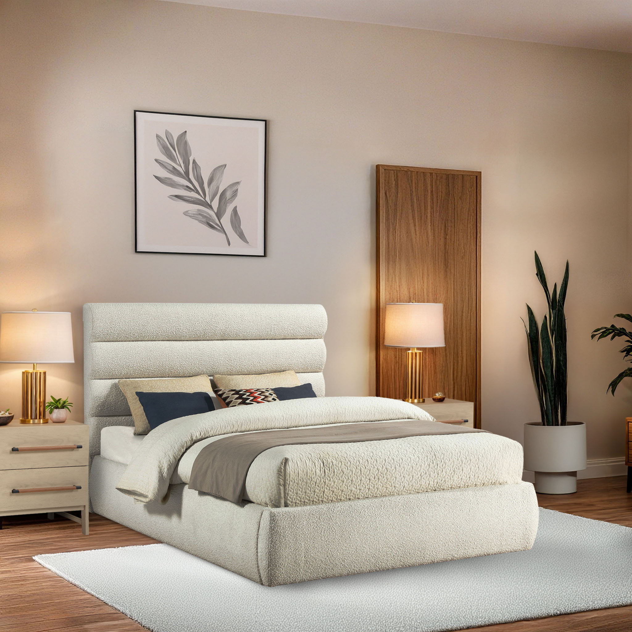 Adam - Boucle Fabric Queen Bed With 52" Headboard - White
