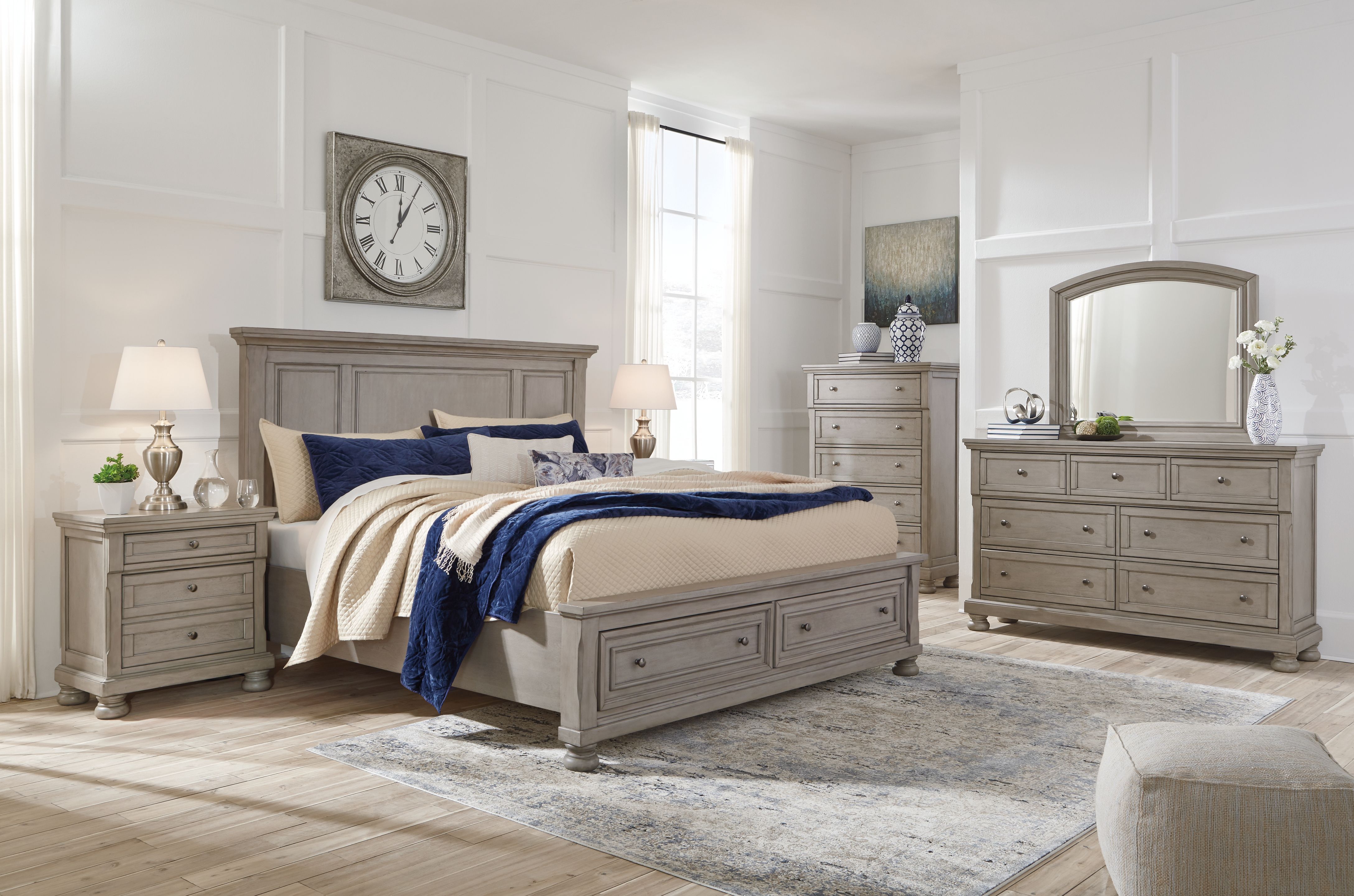 Lettner - King Panel Storage Bed - 5 Pc. - Dresser, Mirror, King Bed - Light Gray