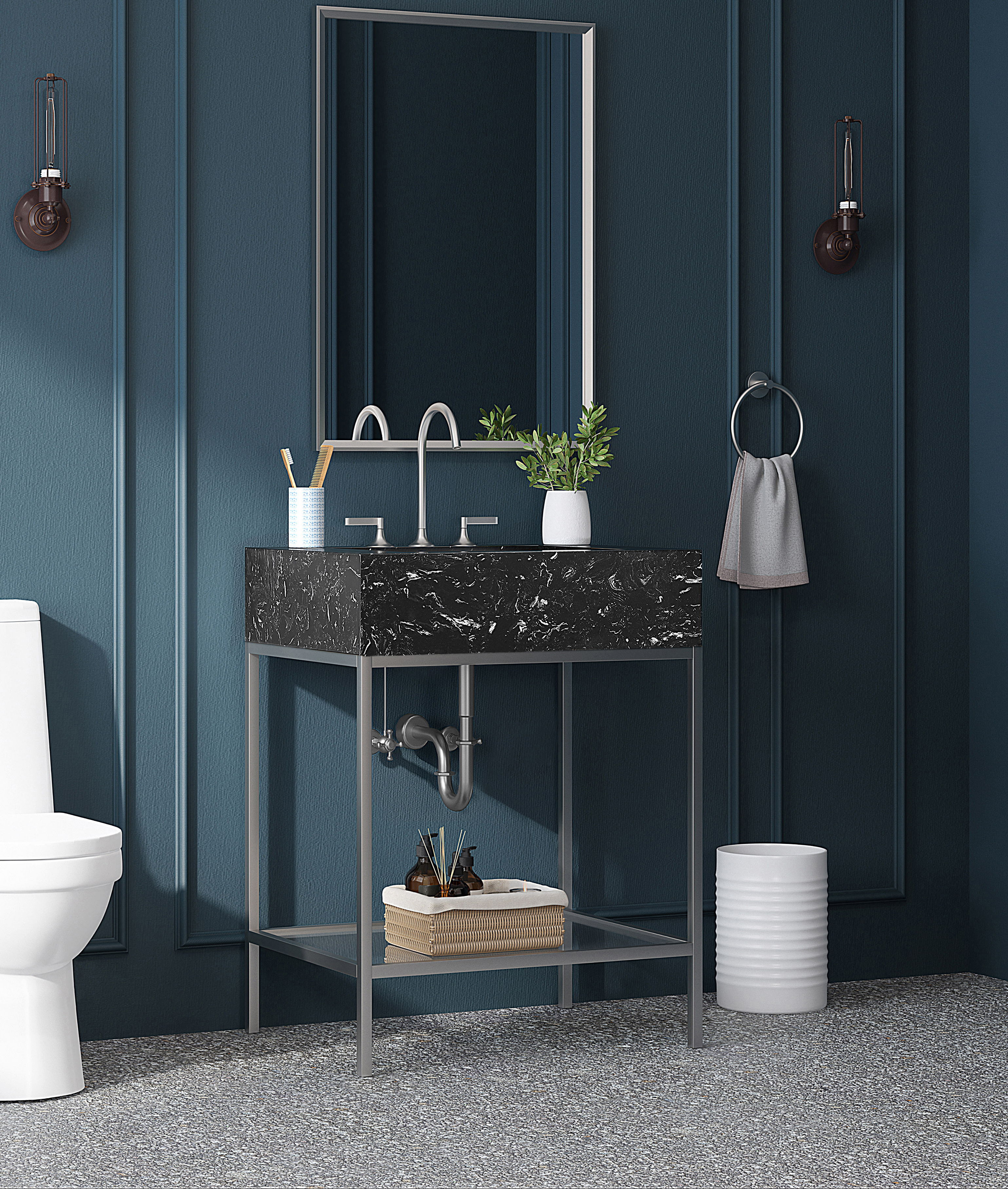 Marmo - 24" Engineered Marble Bathroom Vanity With Chrome Base - Black