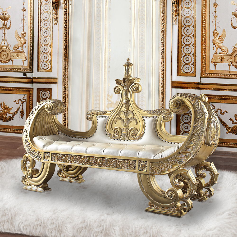 Bernadette - Bench - White Synthetic Leather Fabric & Gold, white