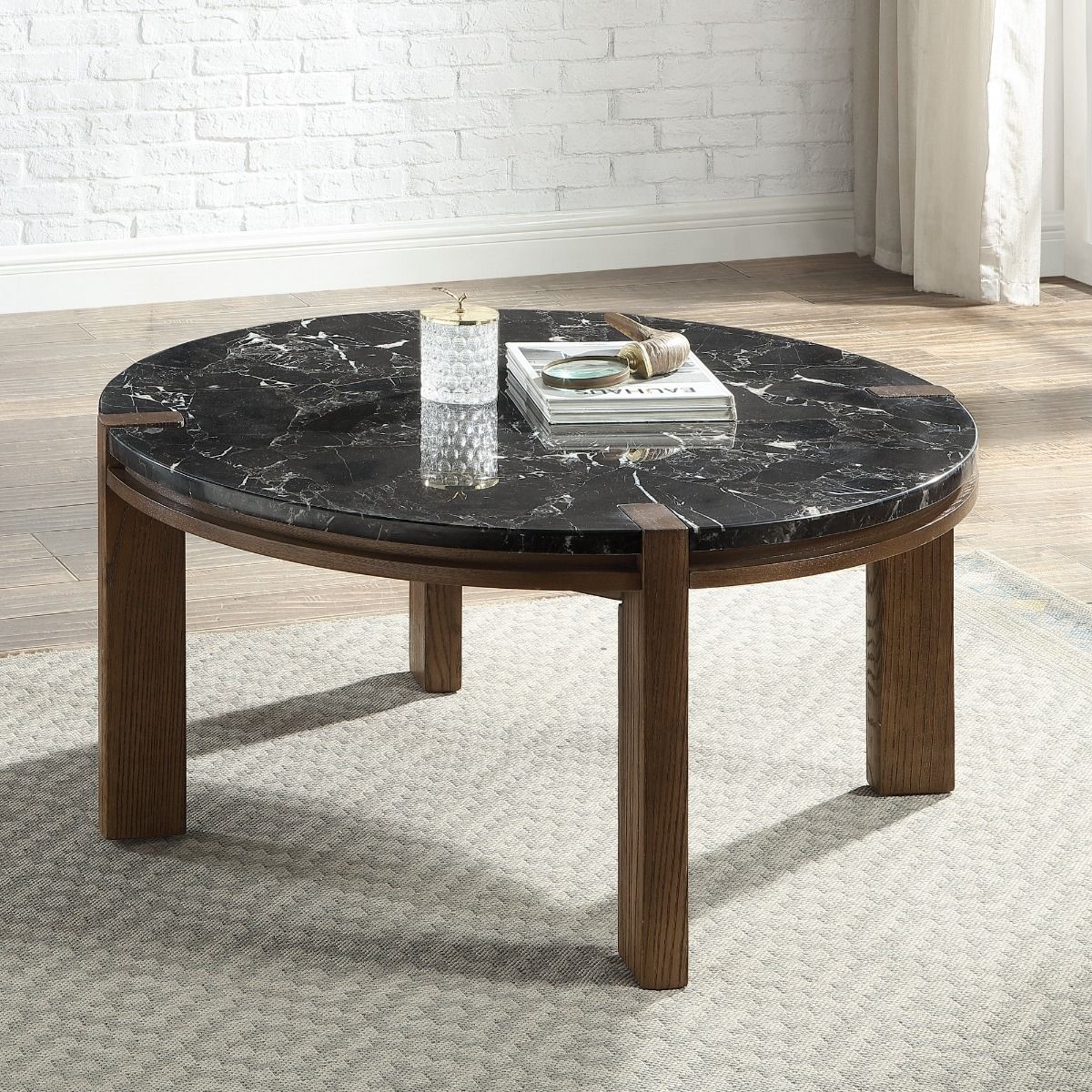 Estella - Coffee Table With Natural Marble Top - Black Top & Walnut, dark brown