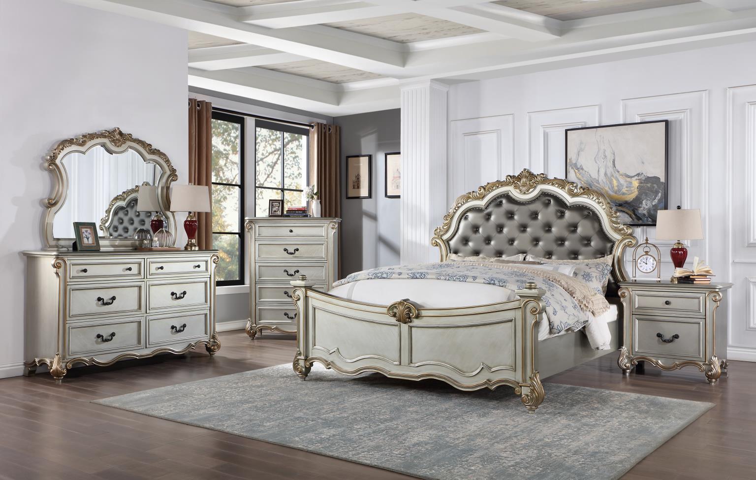 B060 - 3 Piece Bedroom Set (Queen Bed, Dresser, Mirror) - Pearl Silver