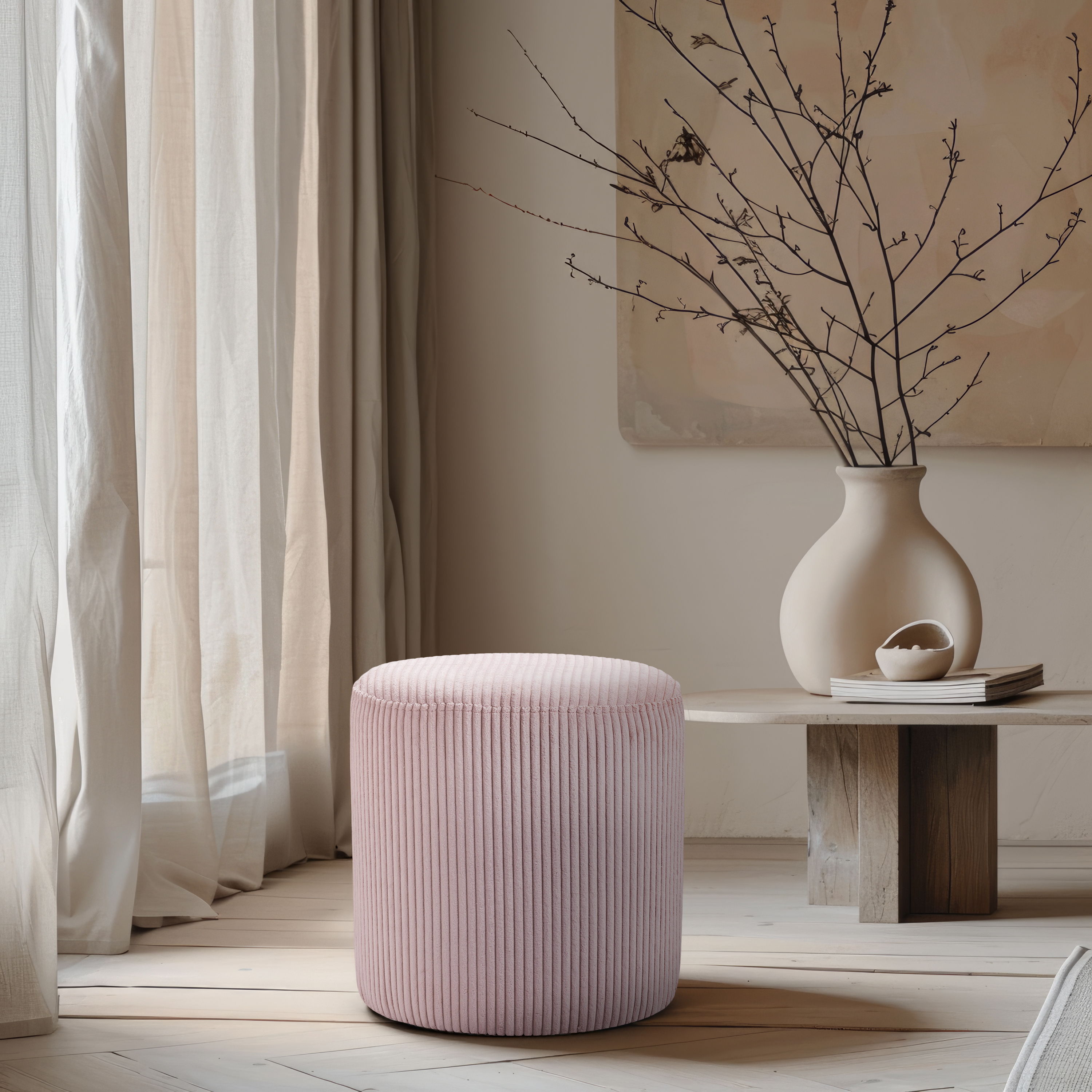 Roy - Round Microsuede Ottoman / Stool - Pink