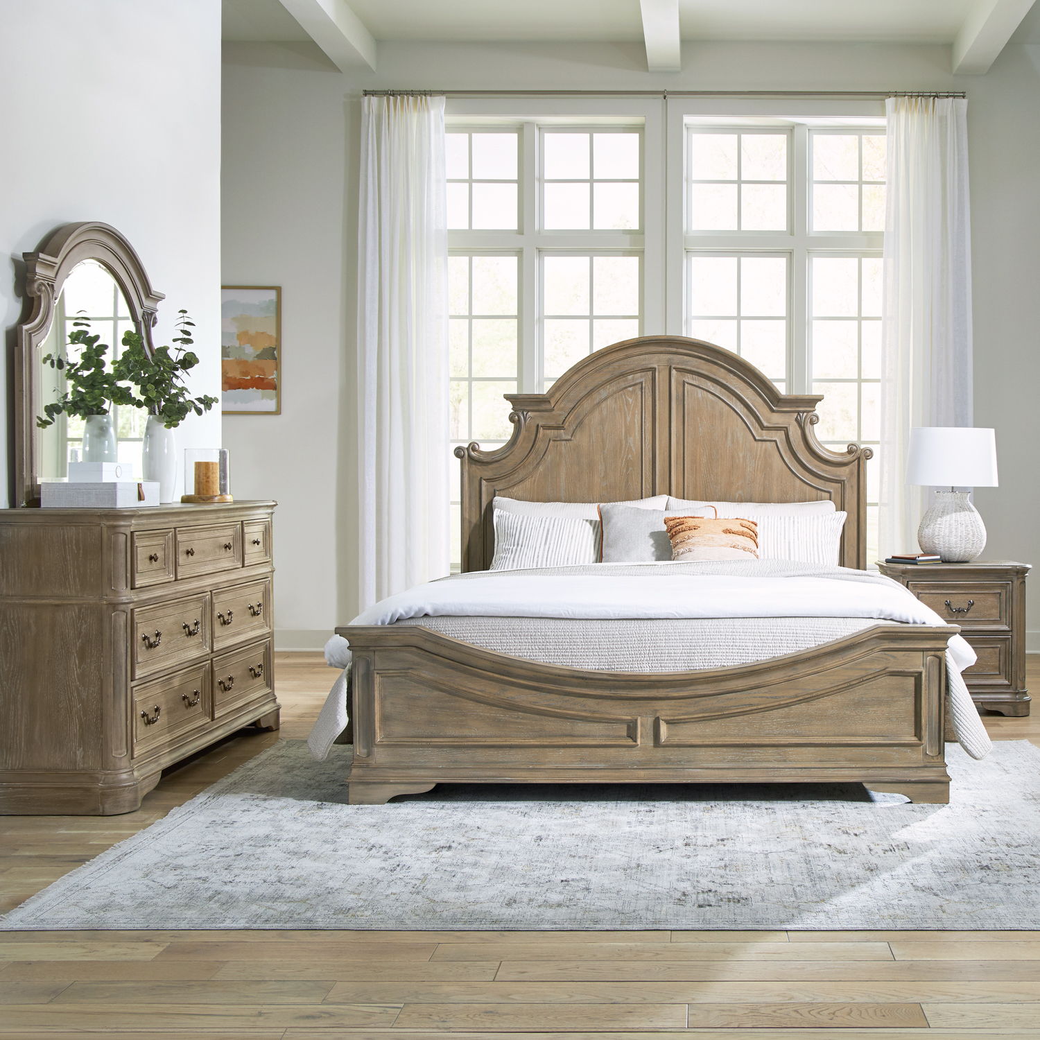 Liberty Furniture Magnolia Manor - King Panel Bed, Dresser & Mirror, Night Stand - Weathered Bisque