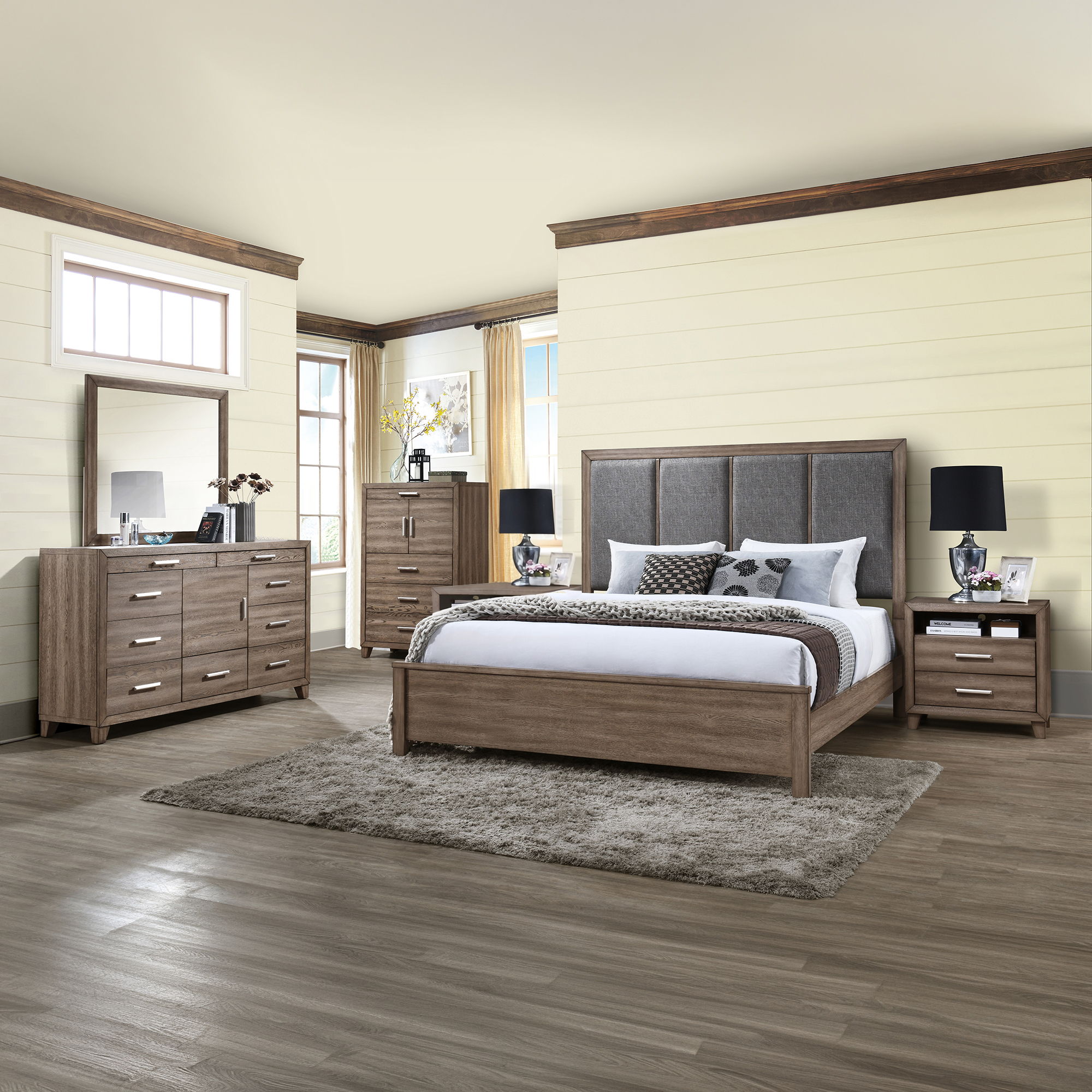 Harrisburg - 6/0 Western King 6 Piece Bedroom Set (Bed, Dresser, Mirror, Chest, 2 Nightstands) - Walnut