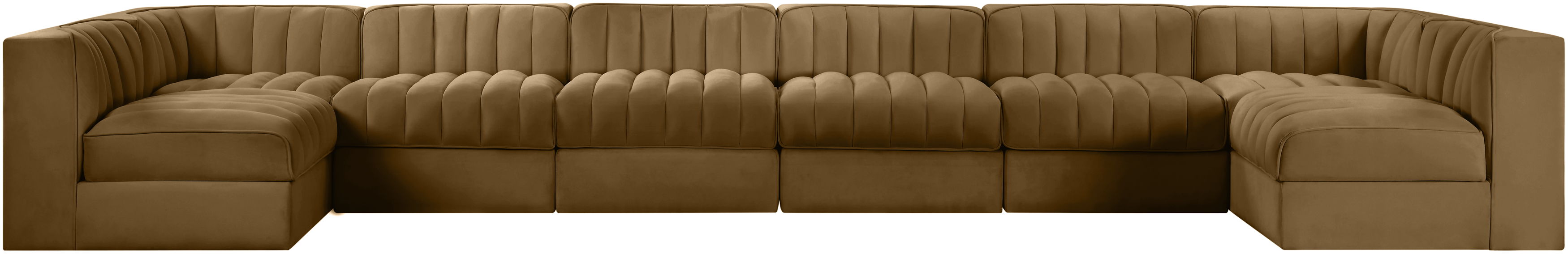 Rummi - Velvet Performance Fabric Upholstered 8 Piece Modular Sectional (With 2 Corner Chairs) - Saddle