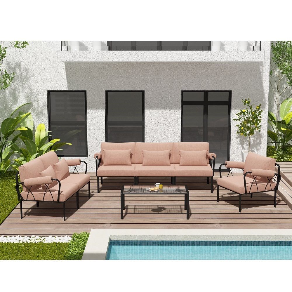 Rajni - Patio Ottoman - Pink Fabric & Black, white