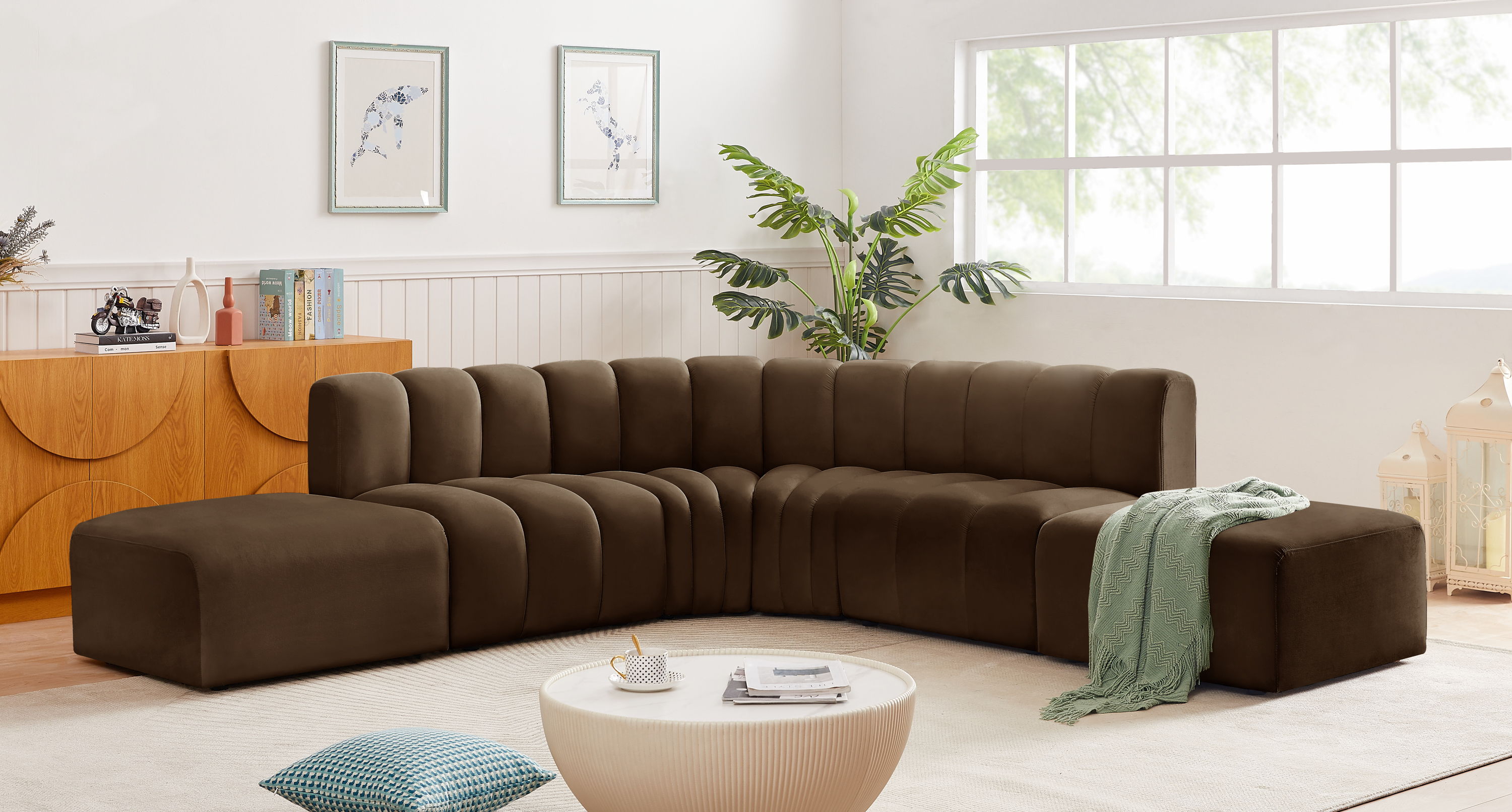 Arc - Velvet 6 Piece Corner Modular Sofa - Brown