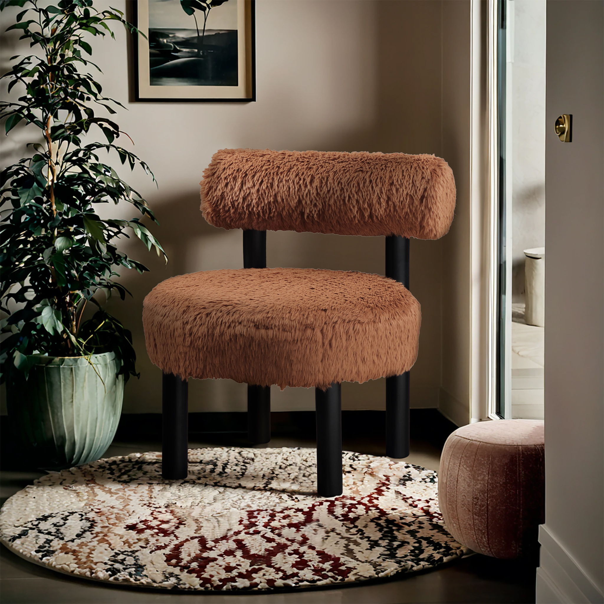 Ambre - Vegan Shearling Fabric Upholstered Accent Chair - Saddle