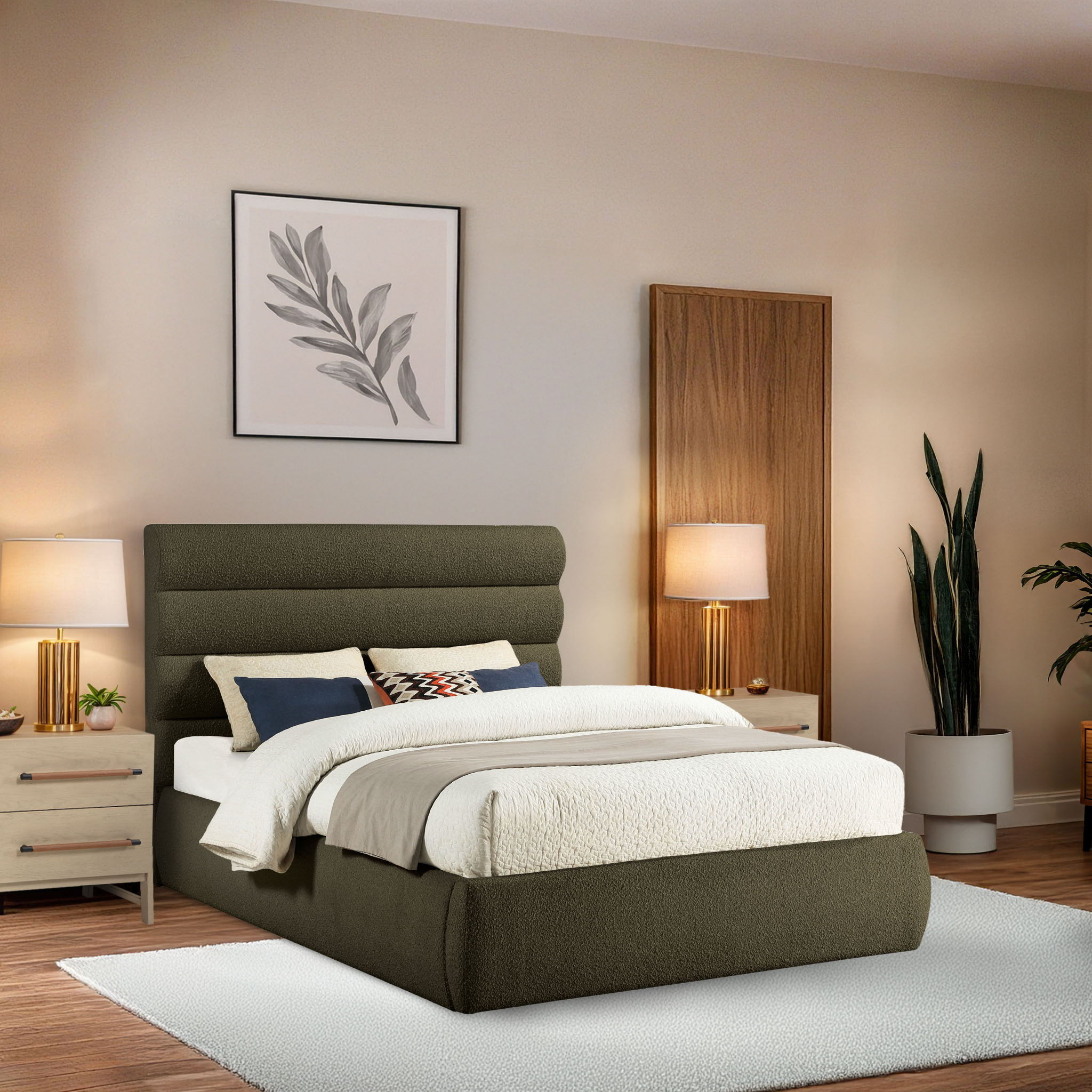 Adam - Boucle Fabric Queen Bed With 52" Headboard - Olive