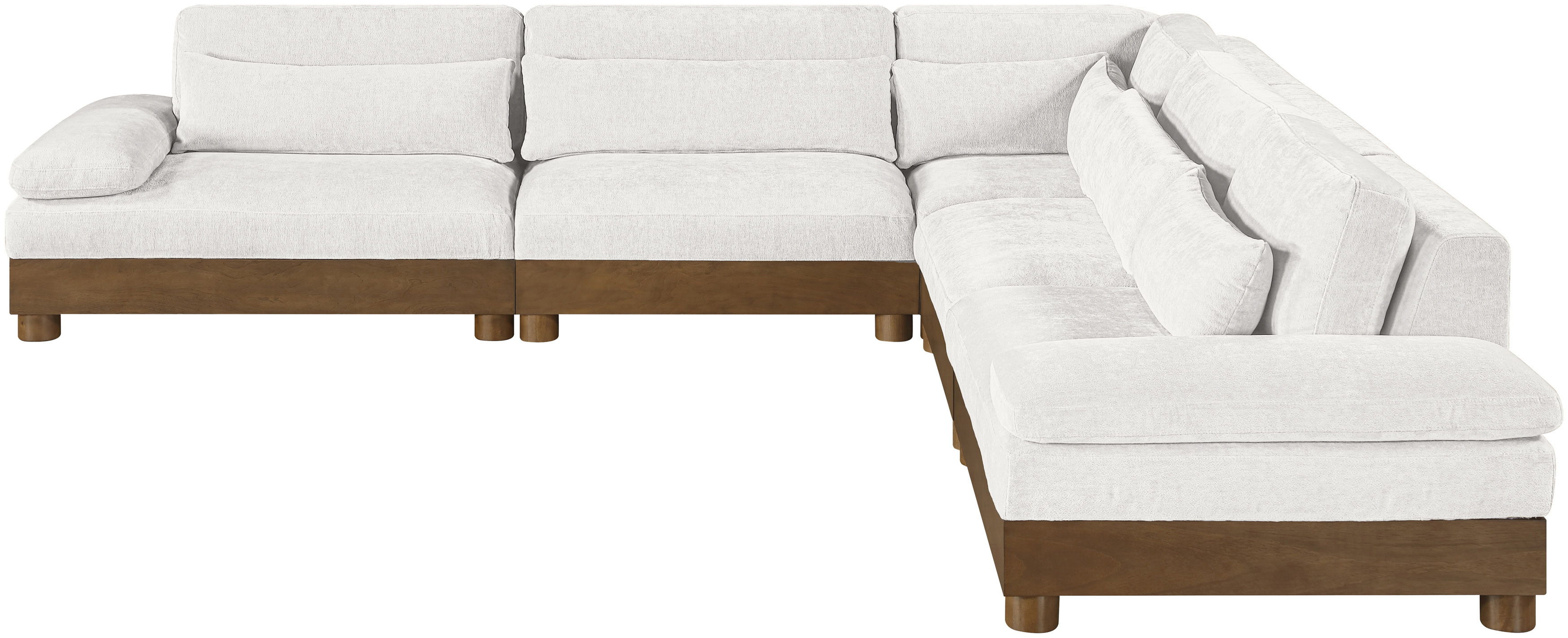 Turin - 127.75" Chenille Fabric Upholstered 5 Piece Modular Sectional (2 Armless Chairs, Corner Chair, Left Arm Chair, Right Arm Chair) - Cream / Brown Walnut