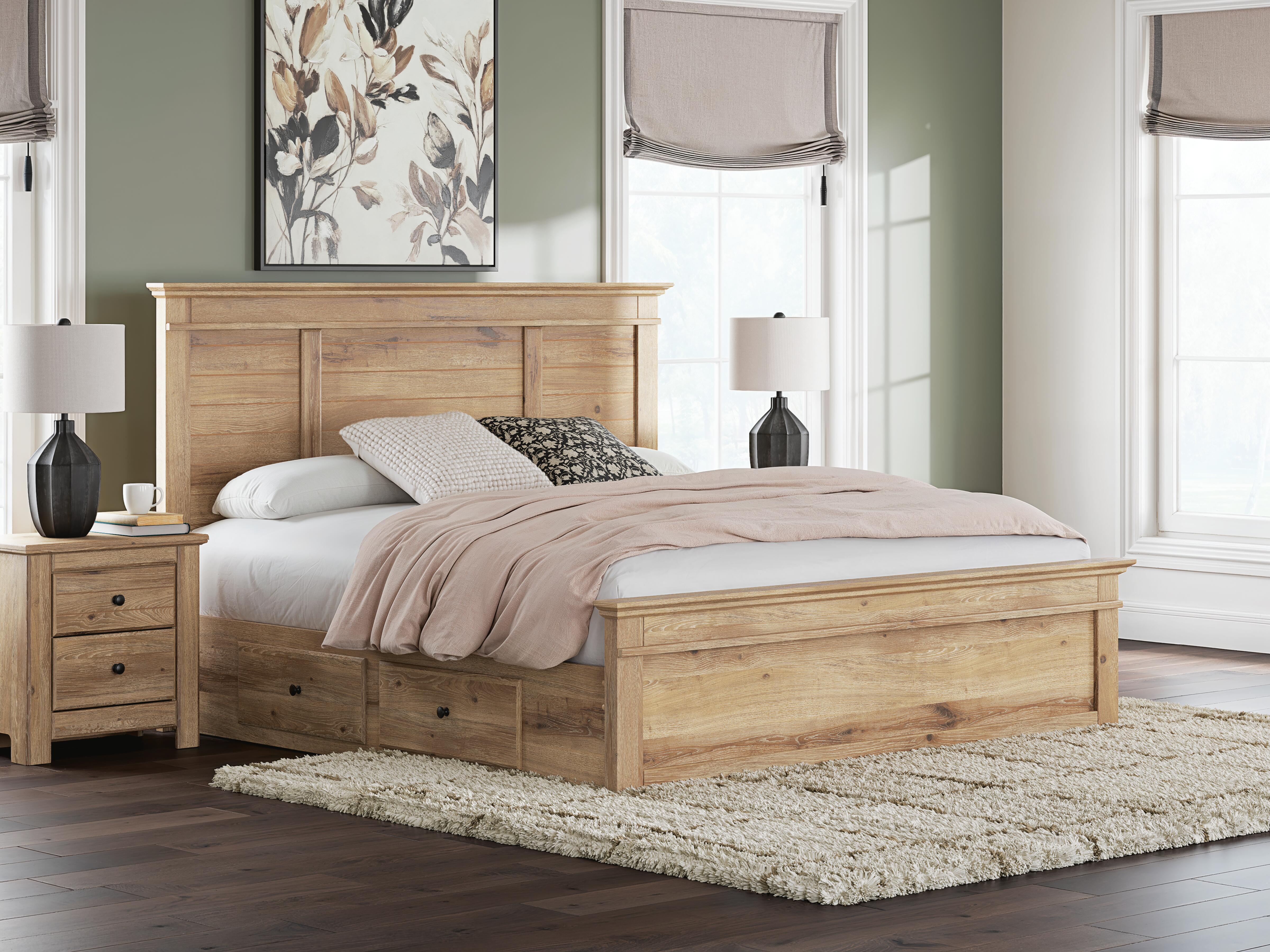 Makidern - King Panel Storage Bed With 2 Under Bed Storage Units - Tan