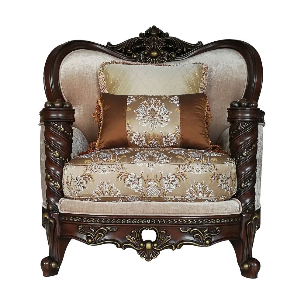 Devayne - Chair With 2 Pillows (Same Lv01584) - Pattern Fabric & Dark Walnut, beige