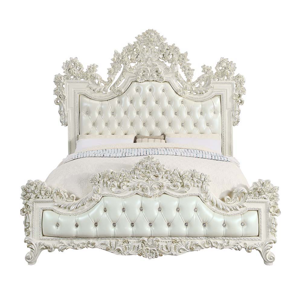 Adara - Eastern King Bed - Pearl White Synthetic Leather & Antique White, white, view 2