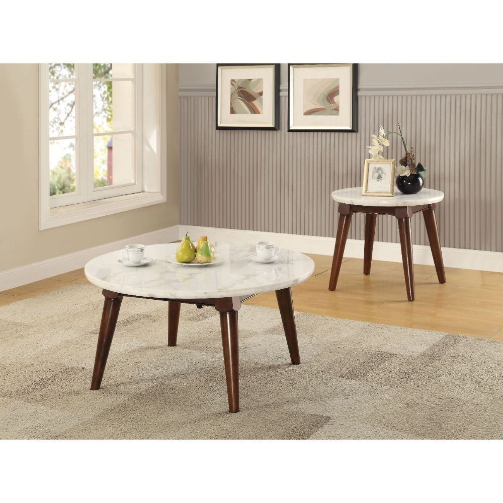 Gasha - Coffee Table - White Marble Top & Walnut, white