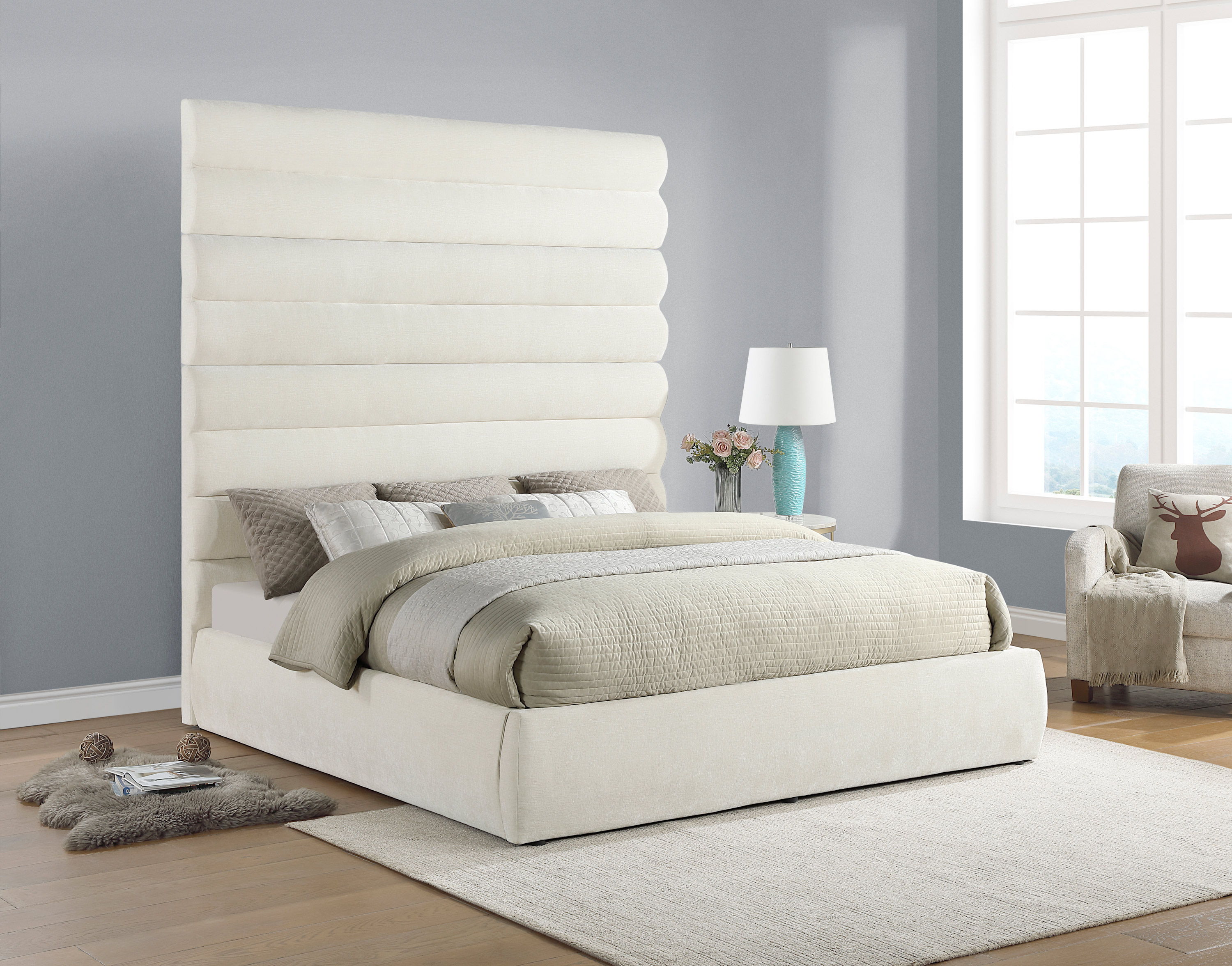 Adam - Chenille Fabric King Bed With 89" Headboard - Cream