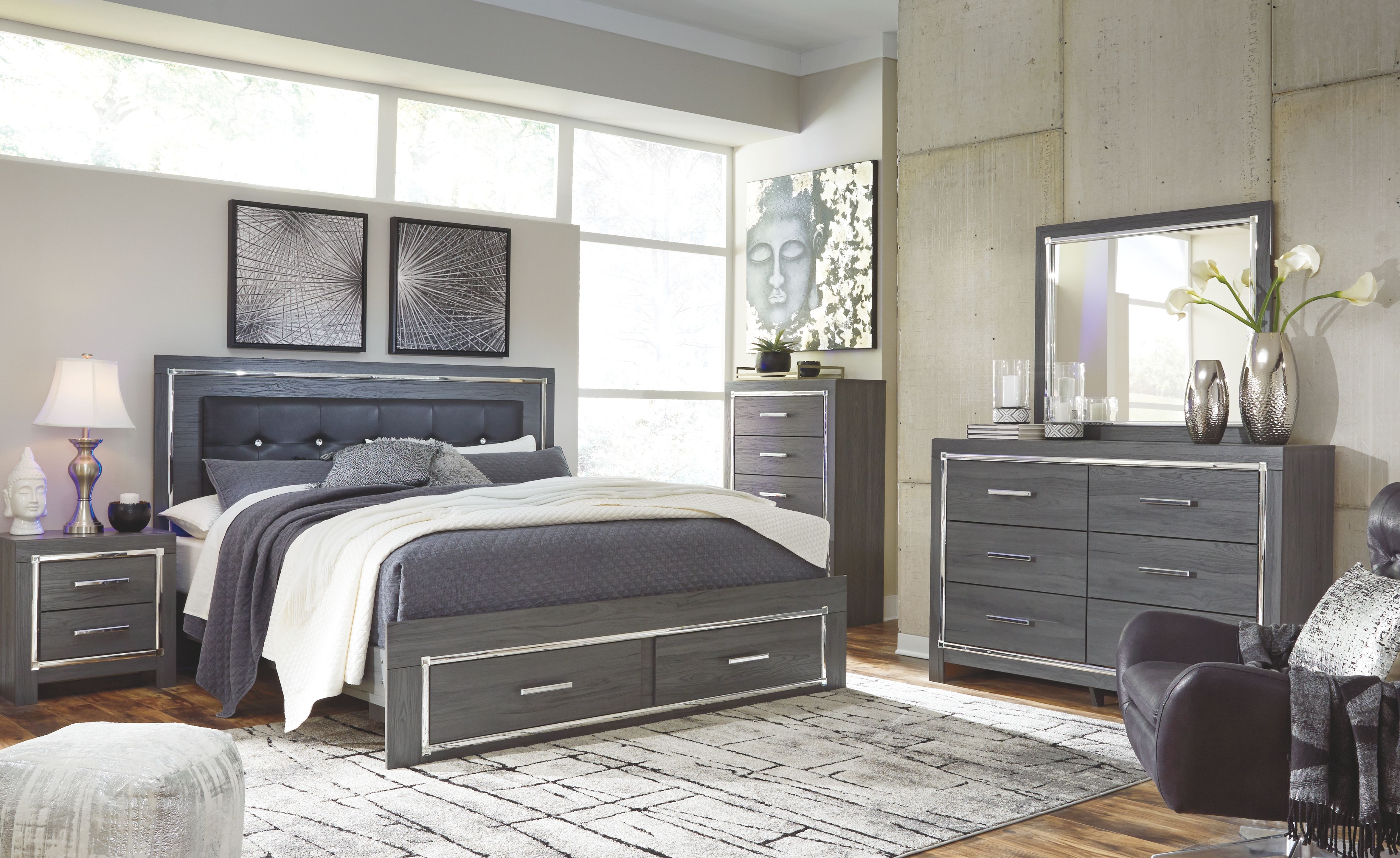 Ashley Furniture Lodanna - 6 Pc. - Dresser, Mirror, King Platform Bed with 2 Storage Drawers - Gray - Image 9