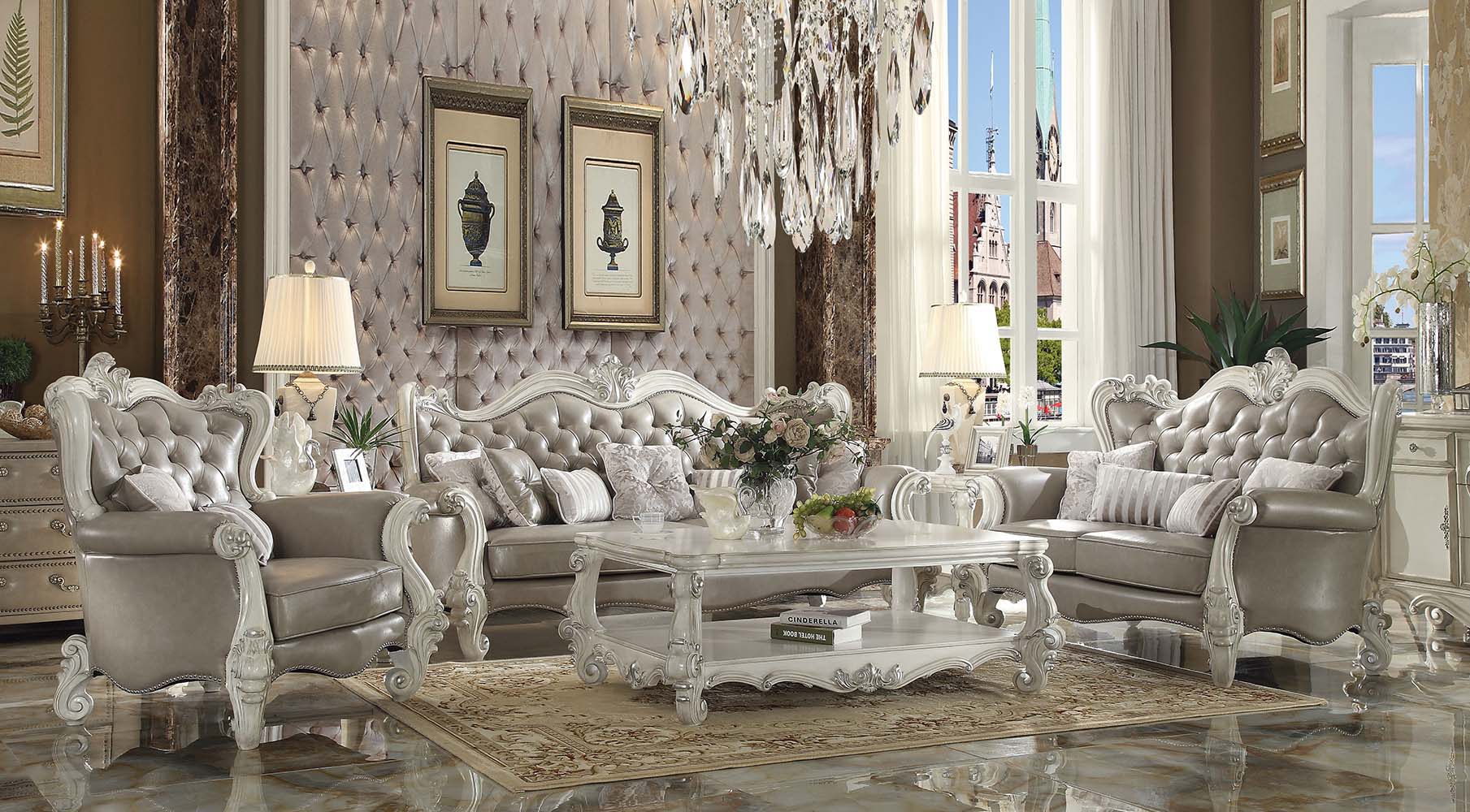 Versailles - Loveseat With 4 Pillows - Vintage Gray Synthetic Leather & Bone White, beige