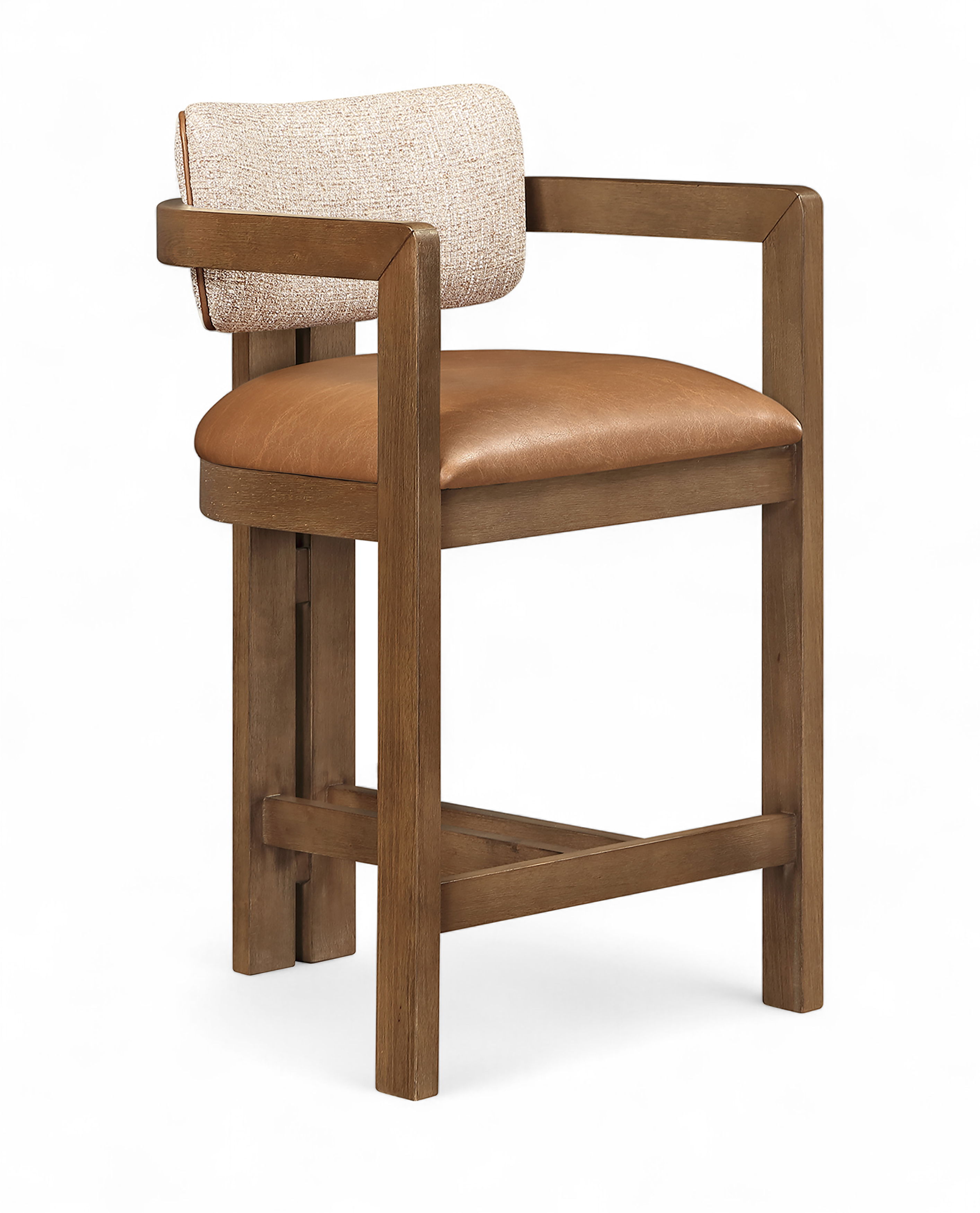 Ravina - Vegan Leather and Linen Textured Fabric Upholstered Counter Stool - Cognac / Stained Brown